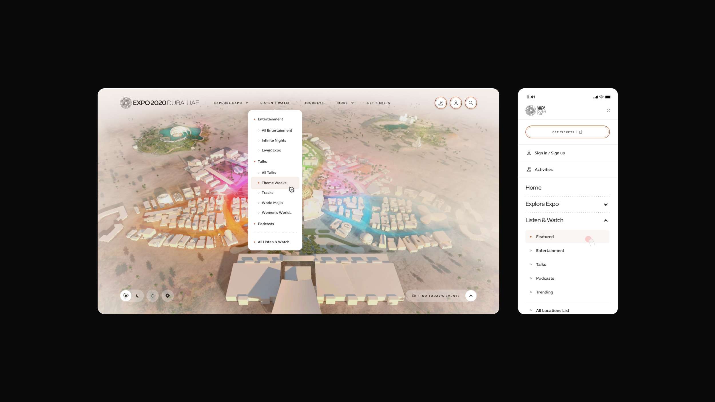 A navigation UI flow example demonstrating desktop top-level category dropdown menus and mobile accordion menus overlaid on a colorful digital master plan graphic.