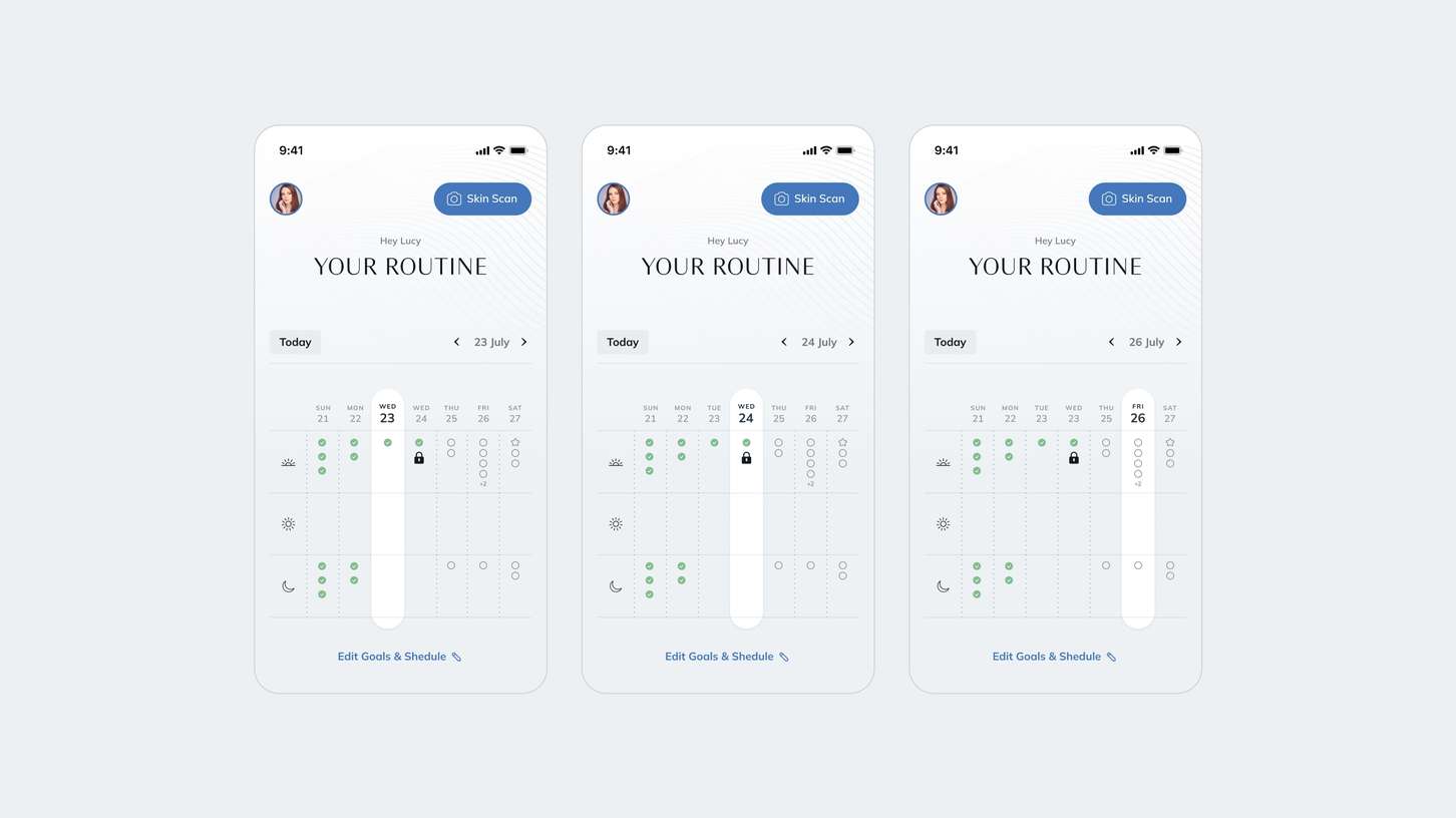 An interaction design showcase detailing a responsive weekly schedule interface with shifting active day columns and task completion state indicators.
