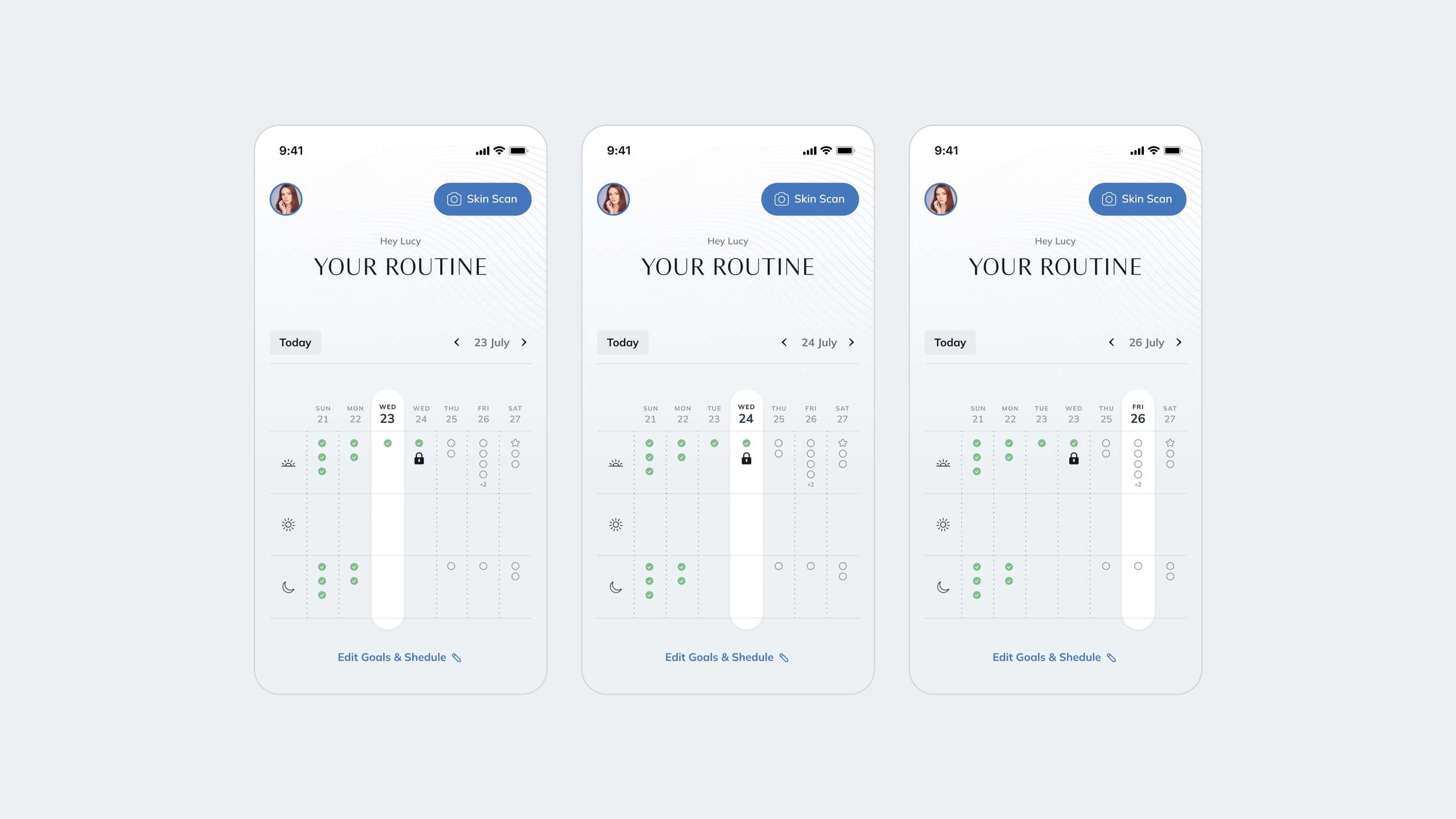 An interaction design showcase detailing a responsive weekly schedule interface with shifting active day columns and task completion state indicators.
