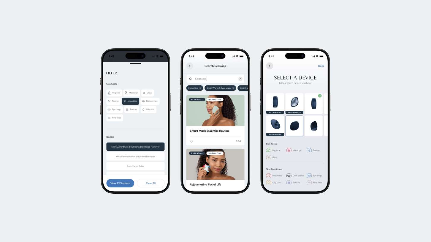 A trio of mobile device layouts illustrating user journey flows for filtering content, exploring routine video tutorials, and pairing hardware products.