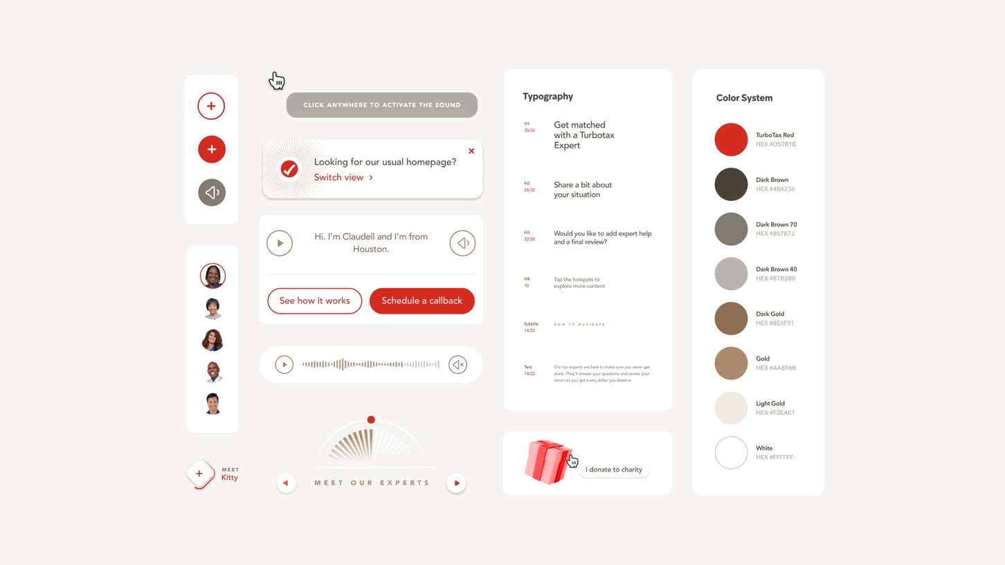 A UI component sheet and design system style guide displaying typography styles, button variations, audio modules, and color palette swatches with HEX code documentation.