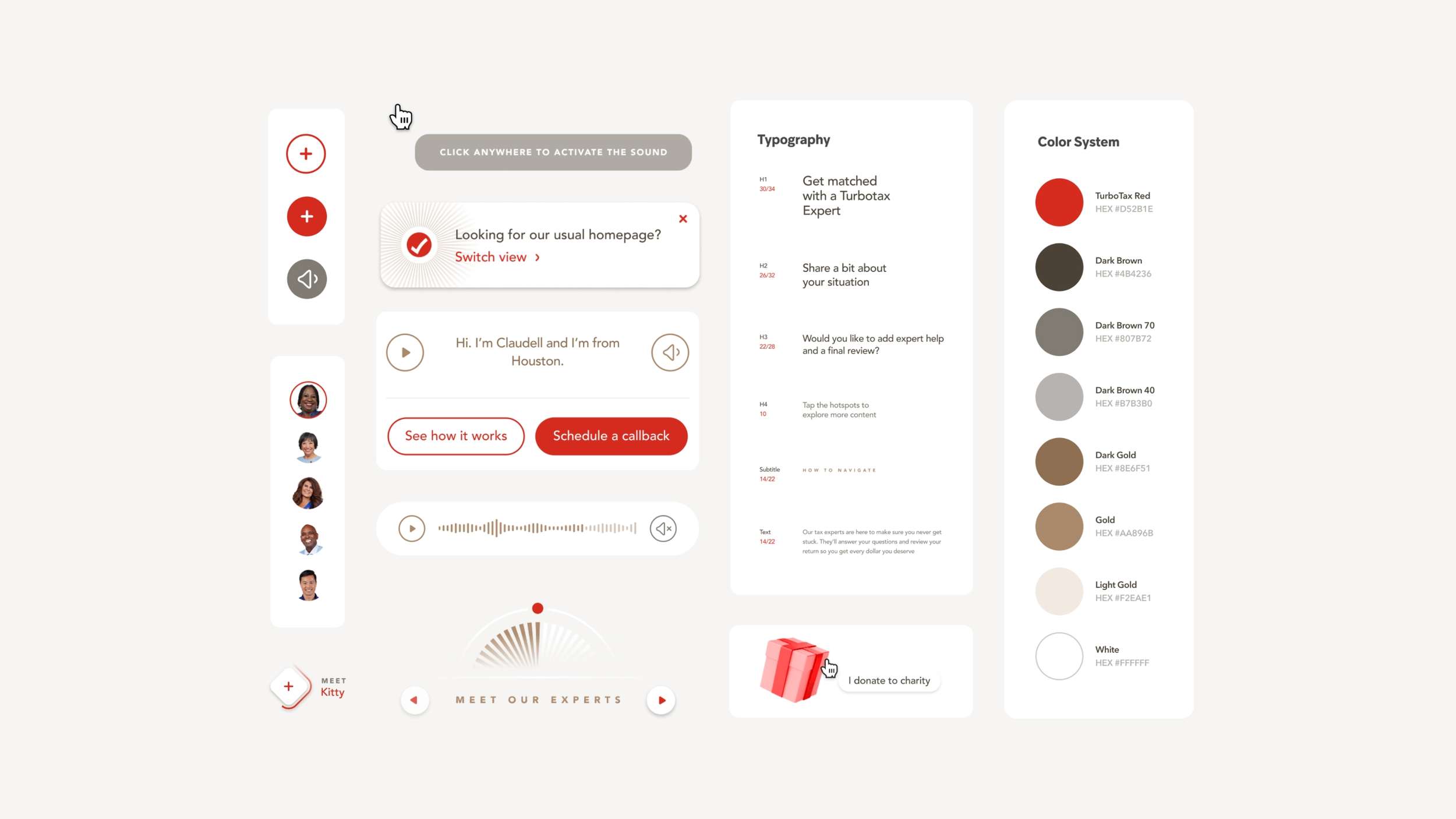 A UI component sheet and design system style guide displaying typography styles, button variations, audio modules, and color palette swatches with HEX code documentation.