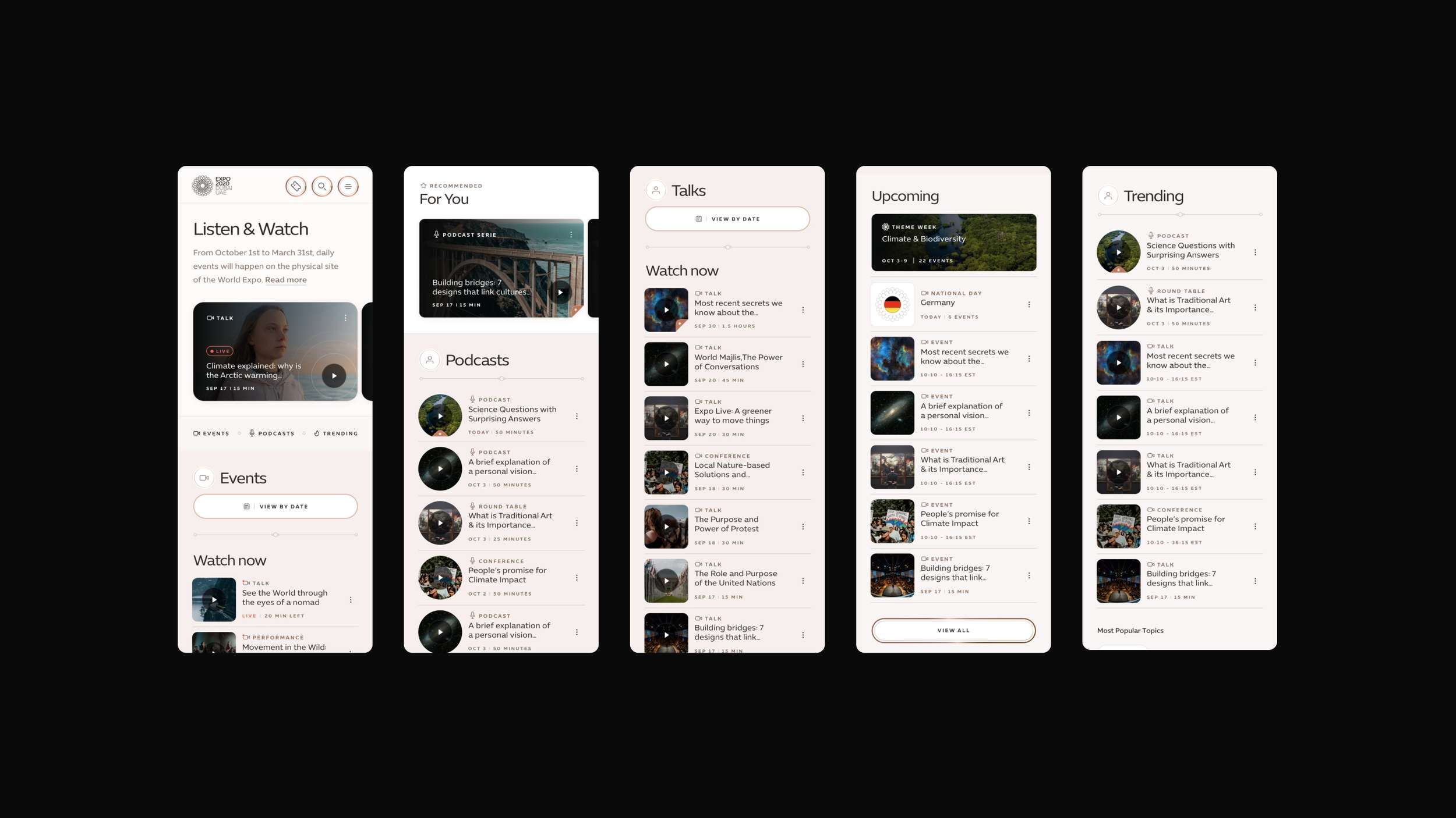 An expanded mobile app wireframe user flow sequence demonstrating comprehensive audio and video content navigation layouts.