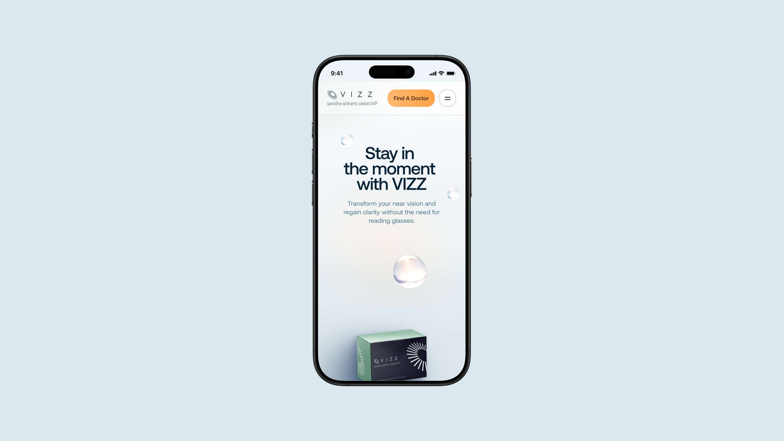 A smartphone screen mockup showcasing a mobile landing page UI design for VIZZ, featuring clean typography, a light blue-tinted background with bubble accents, and an orange call-to-action button in the sticky header