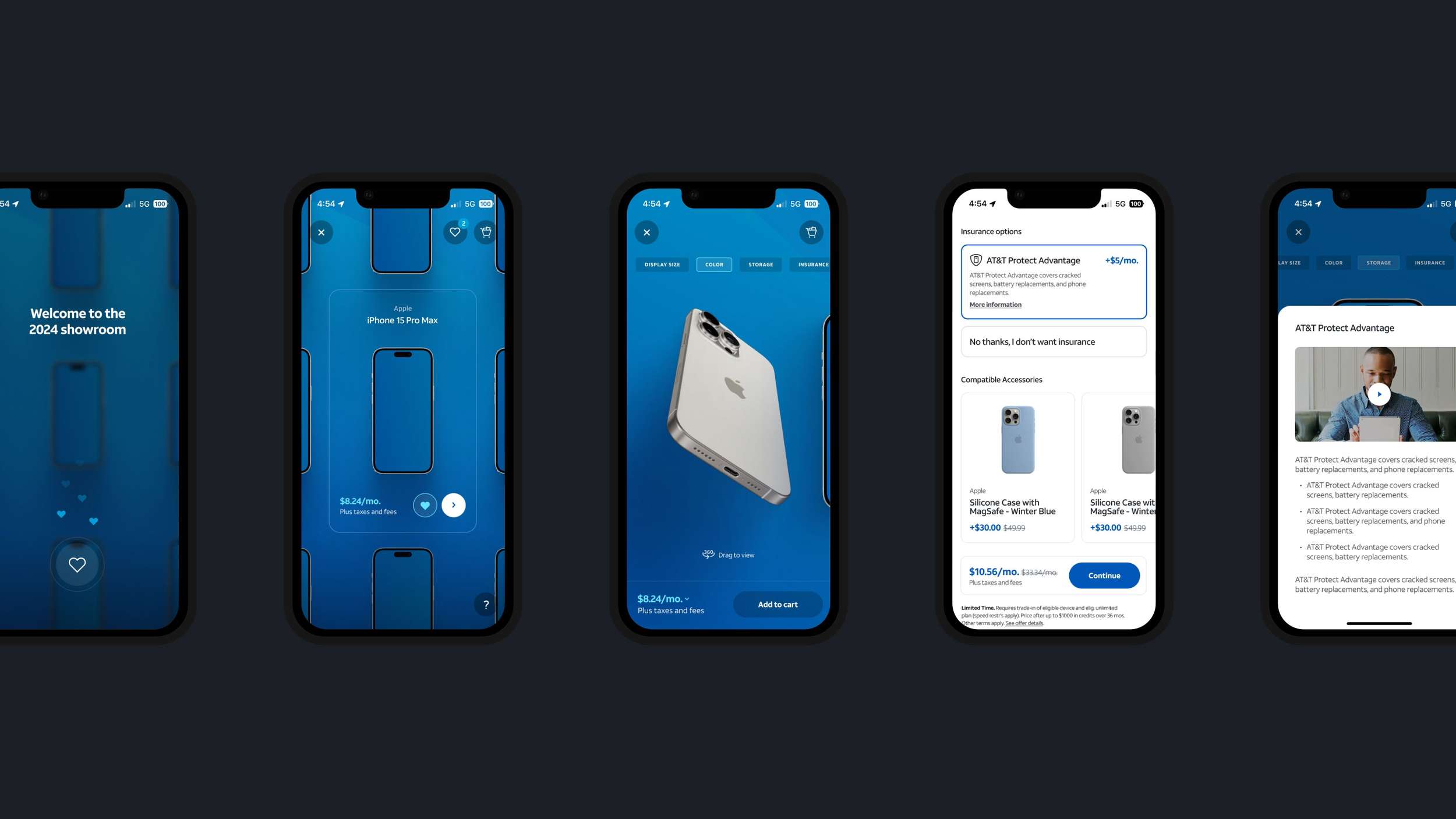 A multi-screen mobile UI journey mapping out an interactive device customized e-commerce showroom experience.