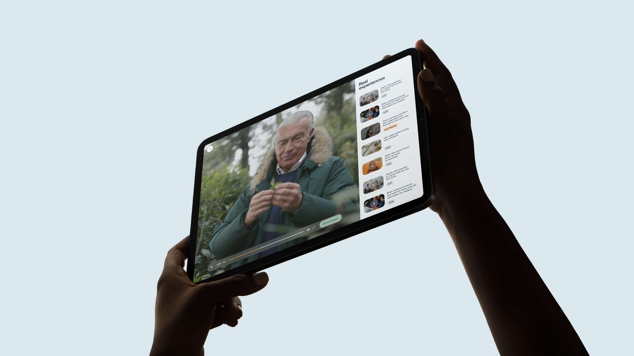 A tablet device mockup showcasing a responsive video player UI layout for VIZZ, featuring a split-screen design with an active video playback window and a vertical video feed menu.