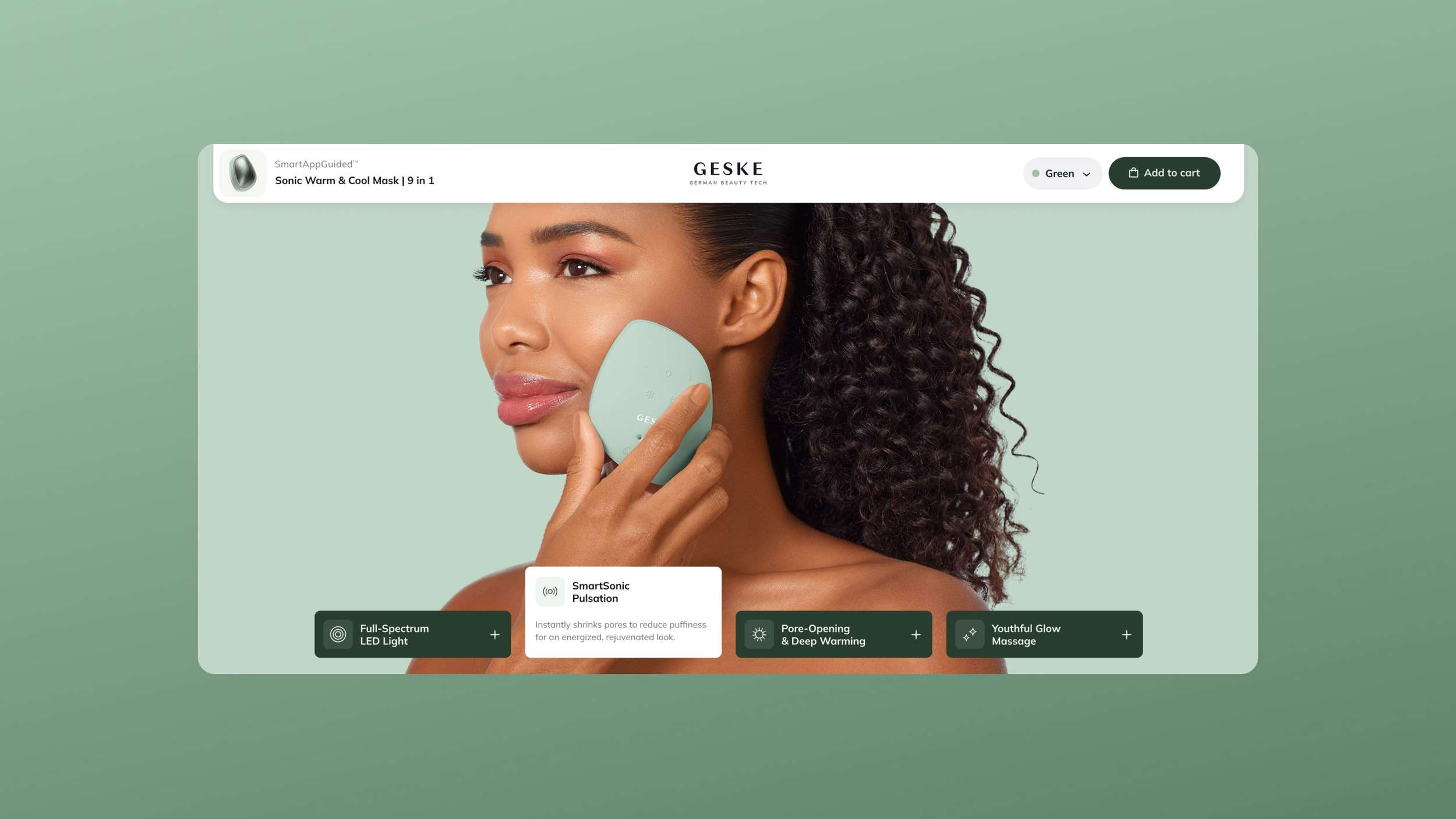 An e-commerce product detail page design showcasing a lifestyle model photograph embedded with feature description boxes like "SmartSonic Pulsation" and "Pore-Opening & Deep Warming."