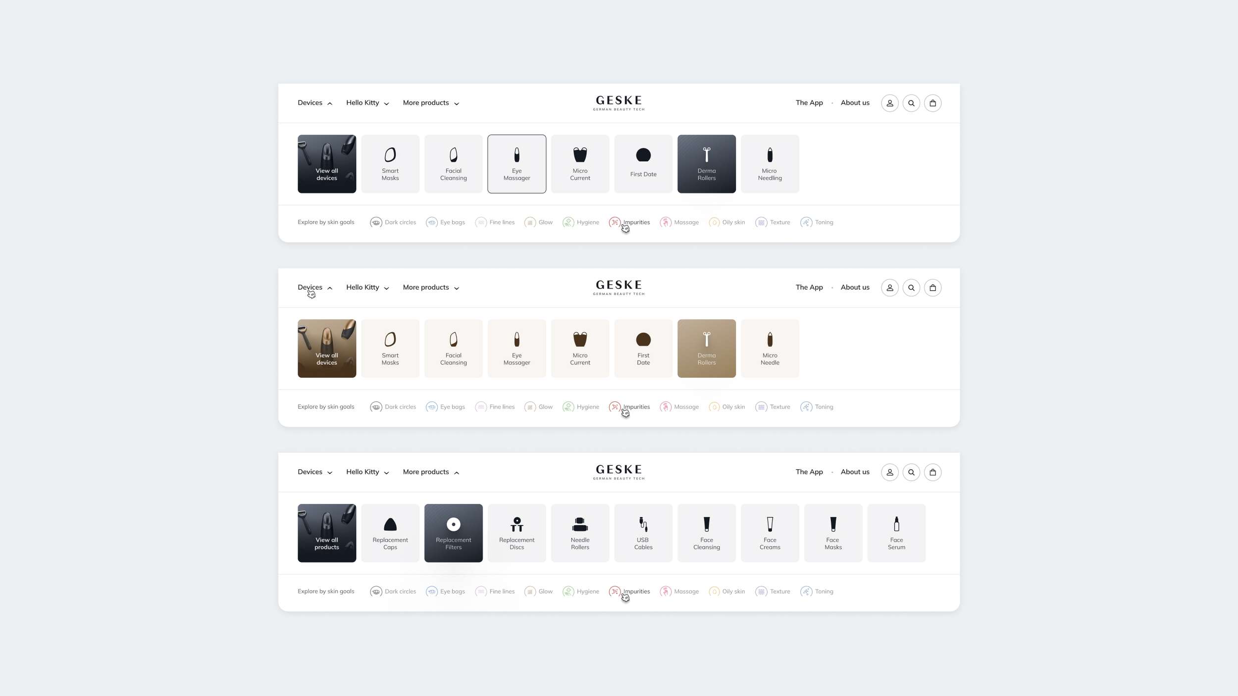 A collection of three desktop navigation bar mockups demonstrating the user experience layout for product category dropdown menus and skin goal tags.