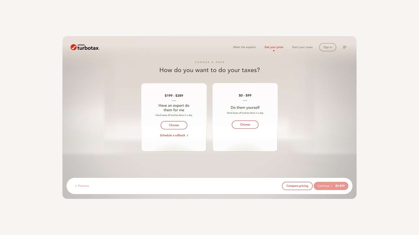 A desktop service selection landing page showcasing two prominent pricing tiers and service model choice containers.