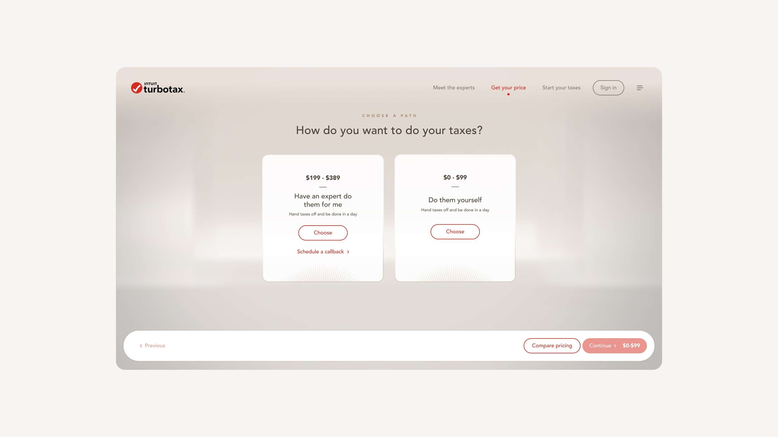 A desktop service selection landing page showcasing two prominent pricing tiers and service model choice containers.