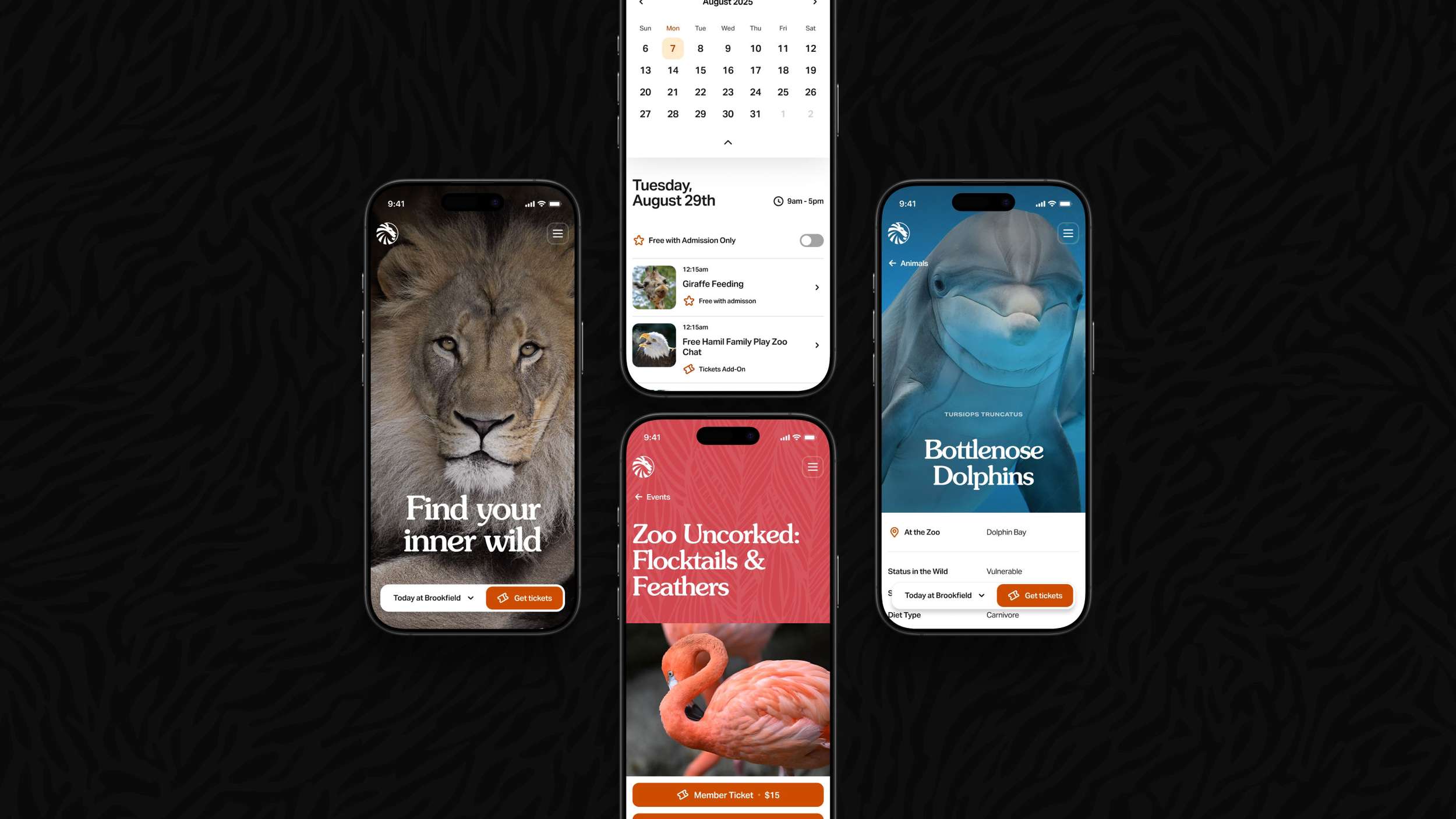 Mobile application interface design showcase displaying event calendars, ticketing flows, and animal educational profiles with clean layouts and premium typography.