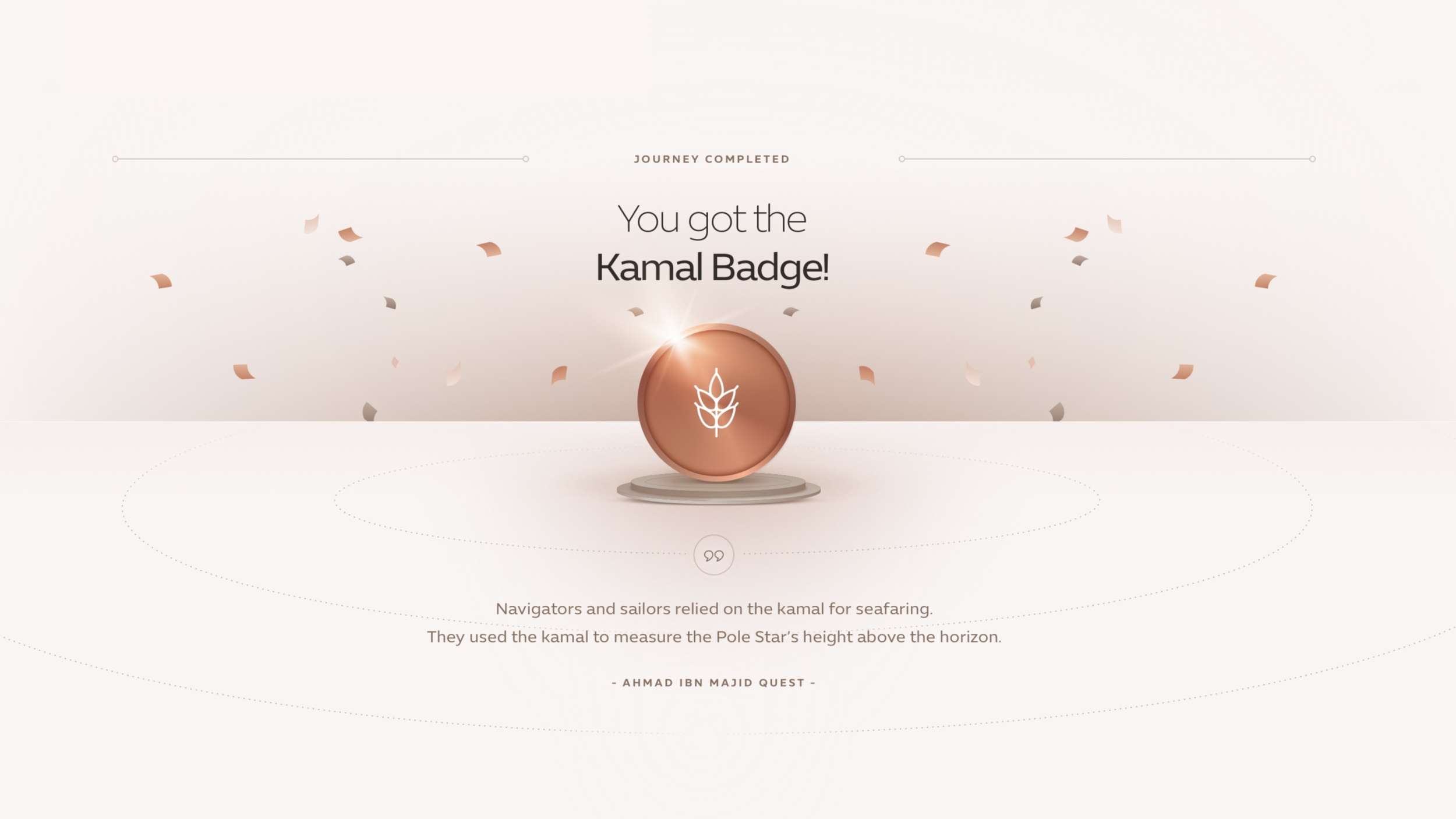 A gamified user interface reward screen featuring a 3D-rendered bronze badge icon, celebratory confetti graphics, and centered educational copy.