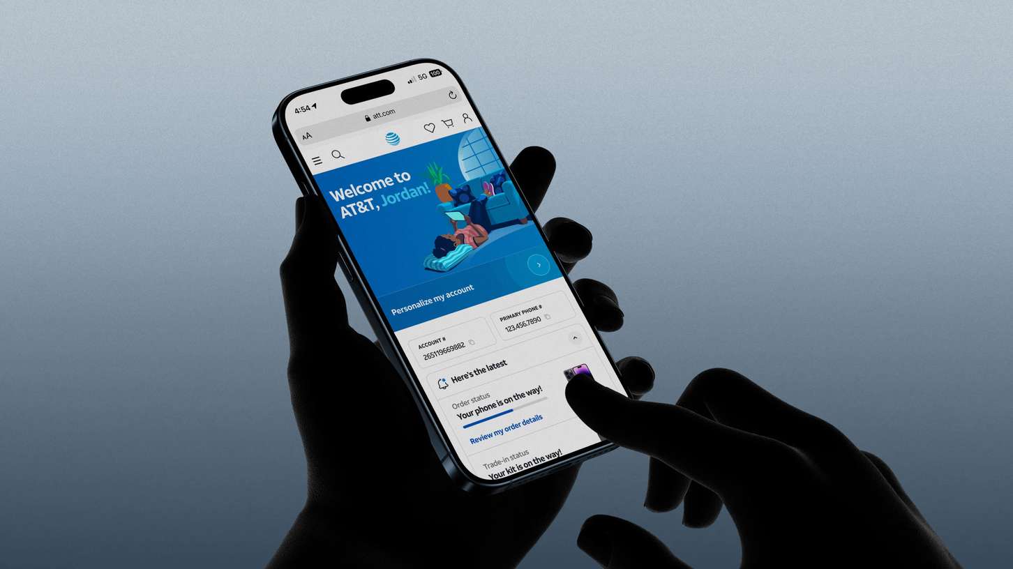 A realistic perspective mockup of a user navigating a personalized telecom dashboard interface on a mobile device screen.