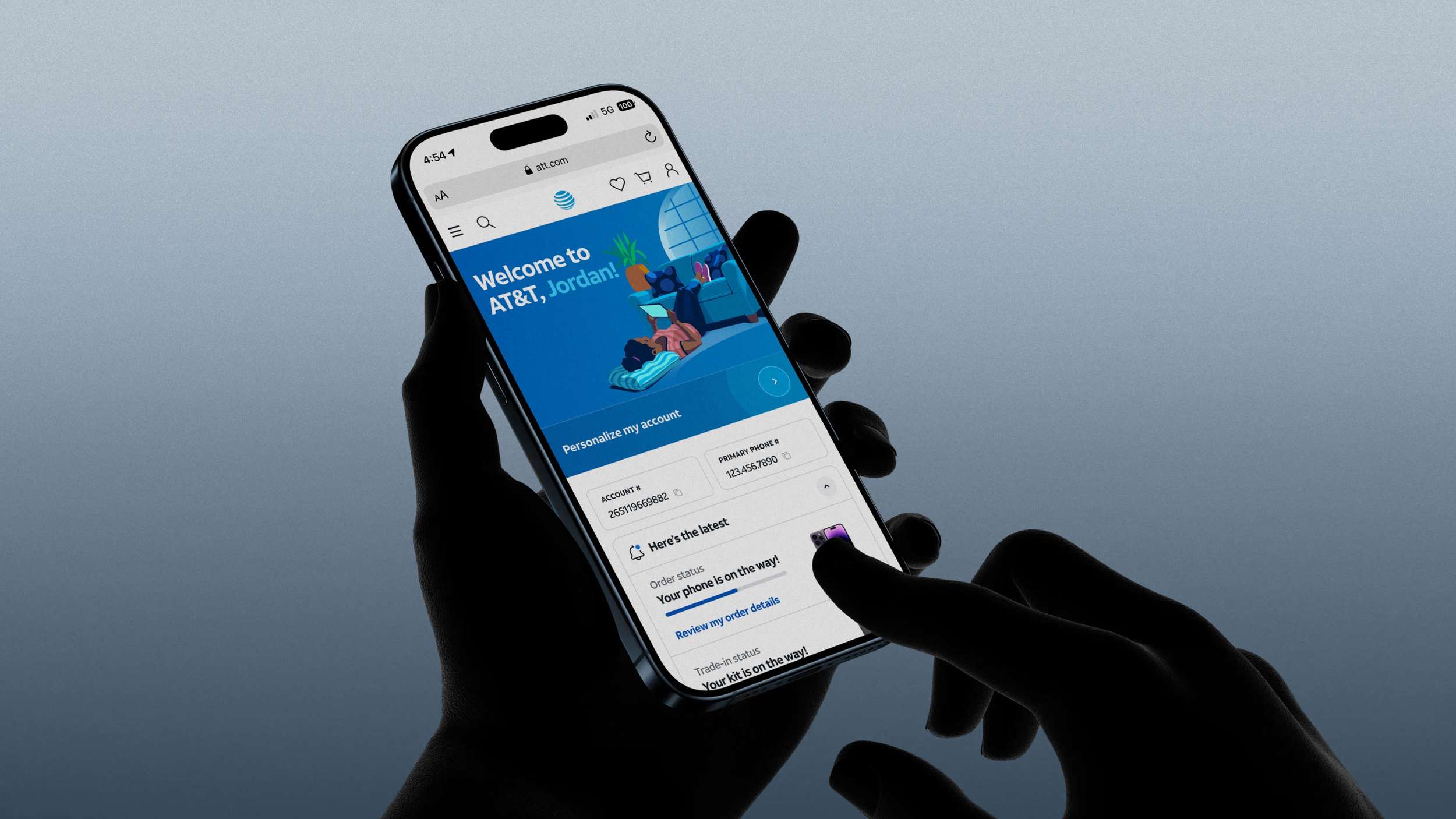 A realistic perspective mockup of a user navigating a personalized telecom dashboard interface on a mobile device screen.