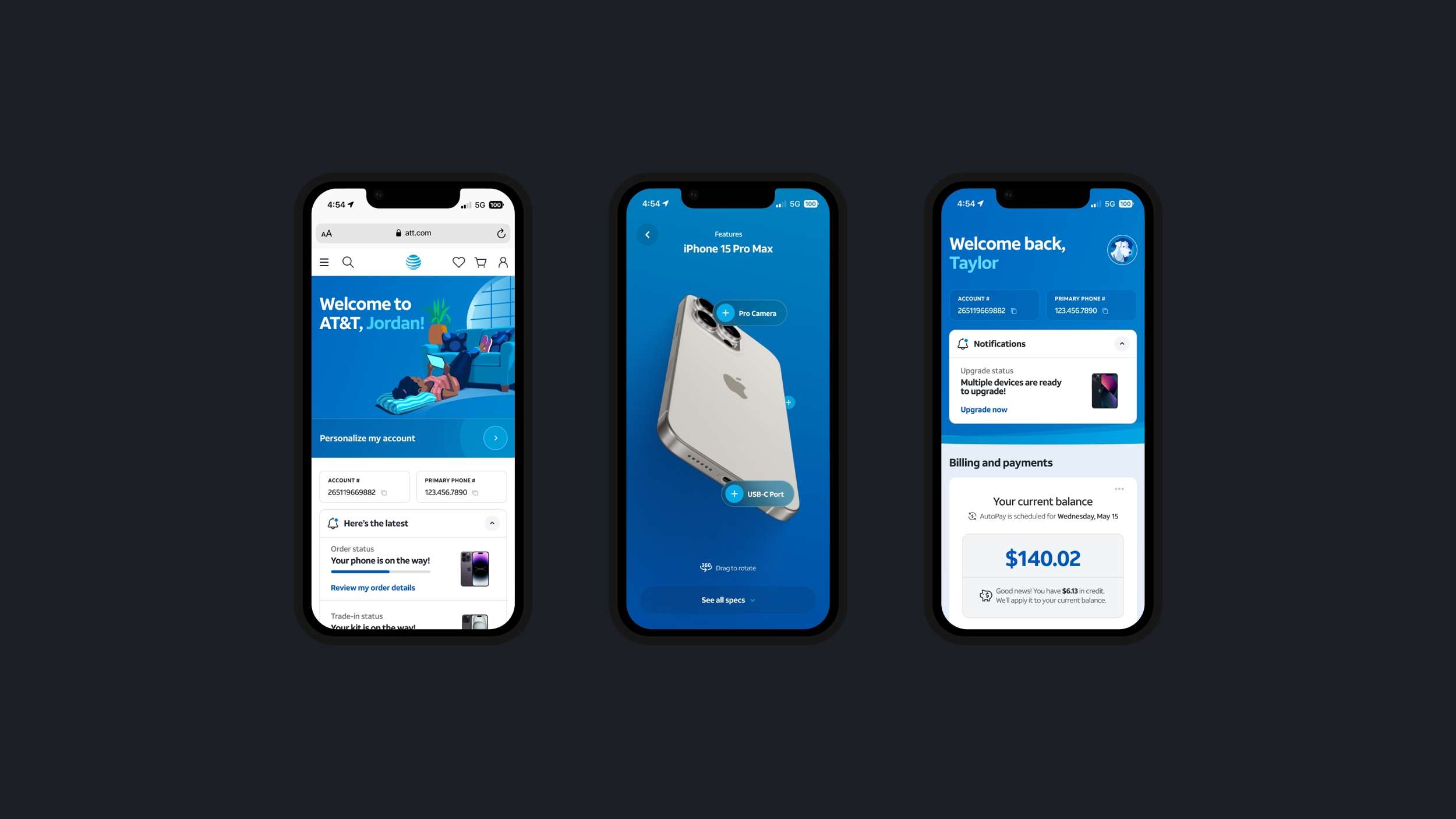 Three mobile app user interface mockups demonstrating personalized dashboard variations, an interactive product spec view, and billing notification modules.