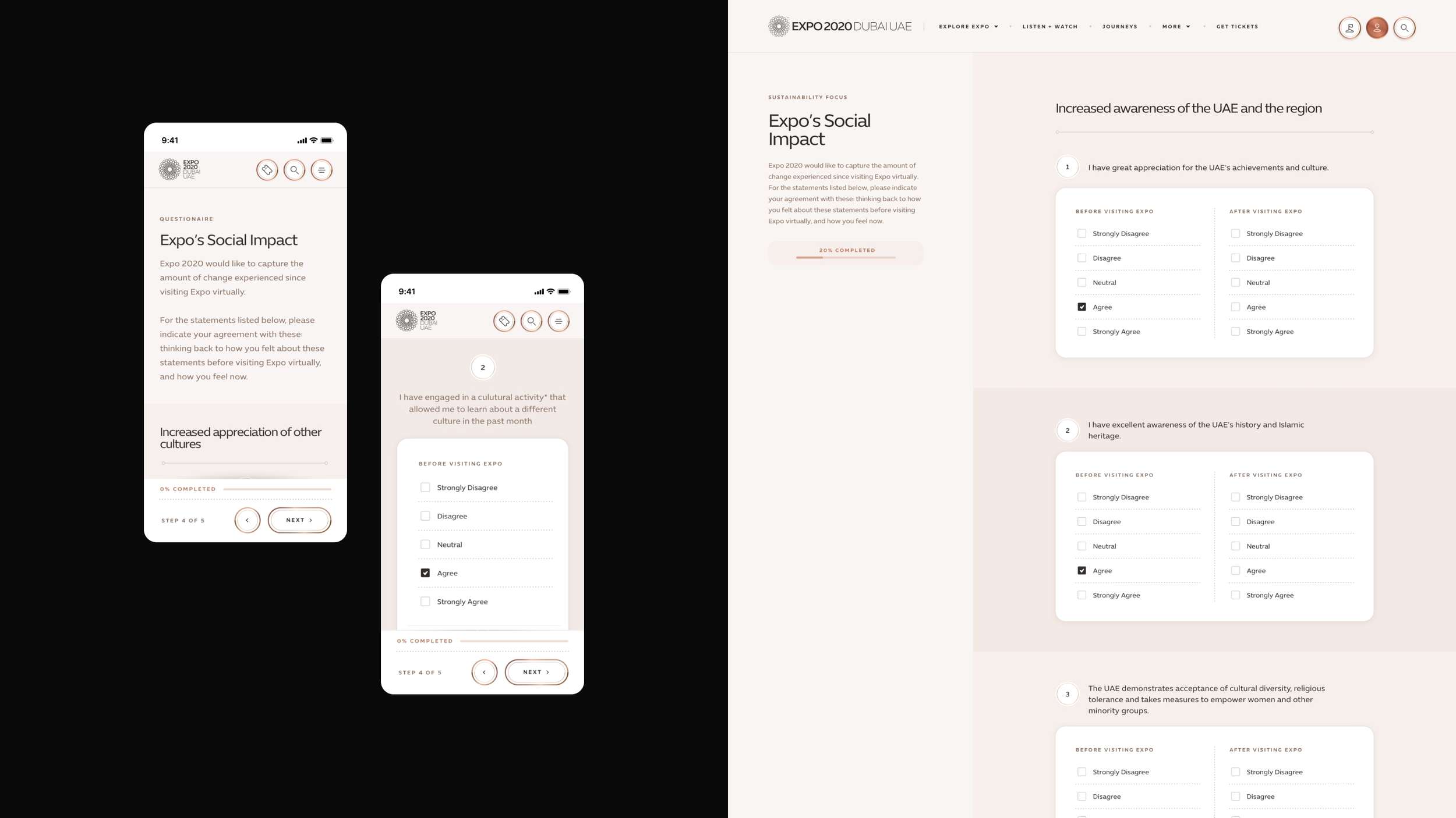A survey user interface design showcase illustrating how complex multi-column matrix form elements adapt into simplified, clean steps for mobile viewports.