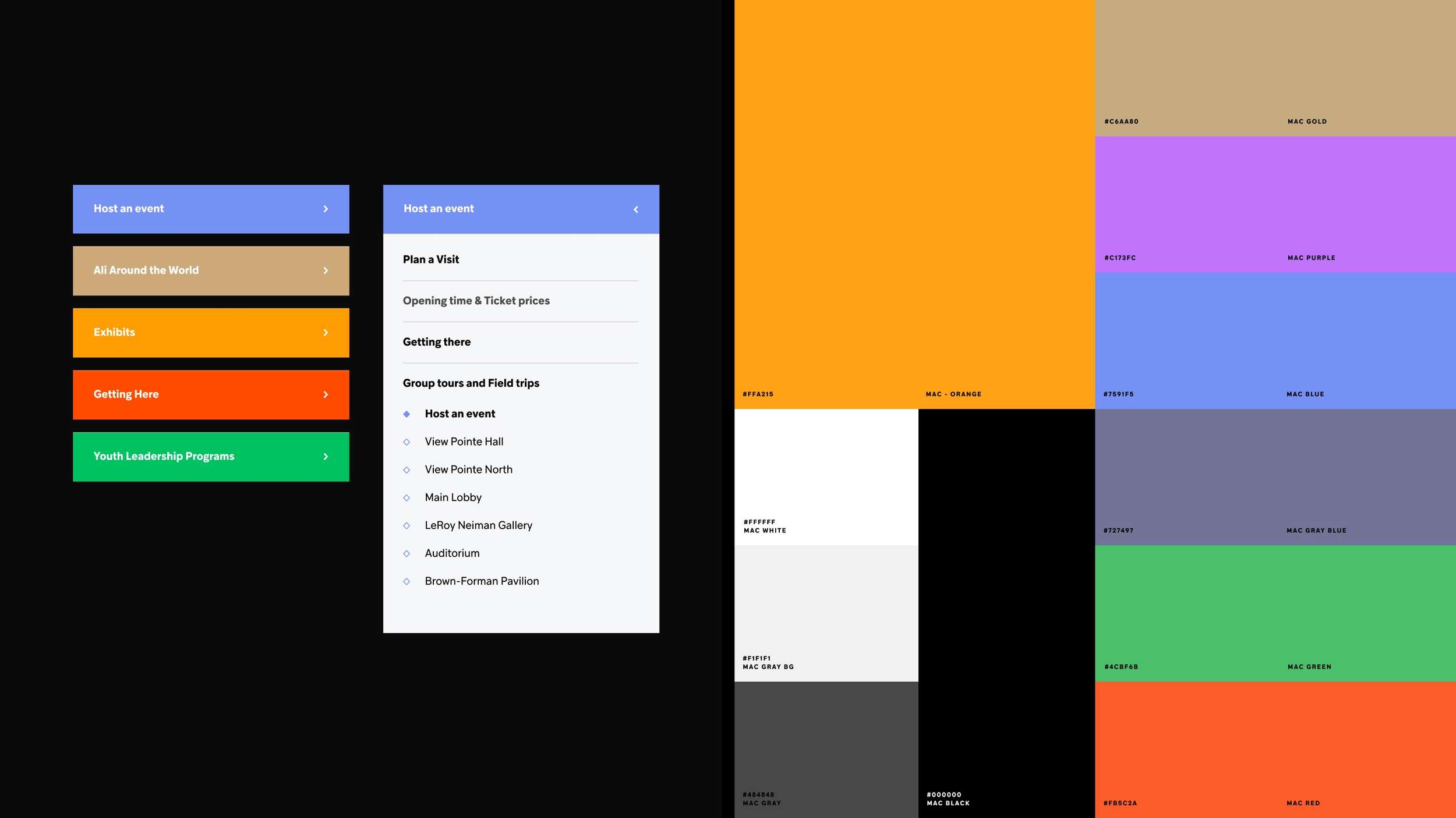 Brand identity toolkit layout presentation mapping out responsive UI navigation list components side-by-side with official high-contrast color swatches and hexadecimal web values.