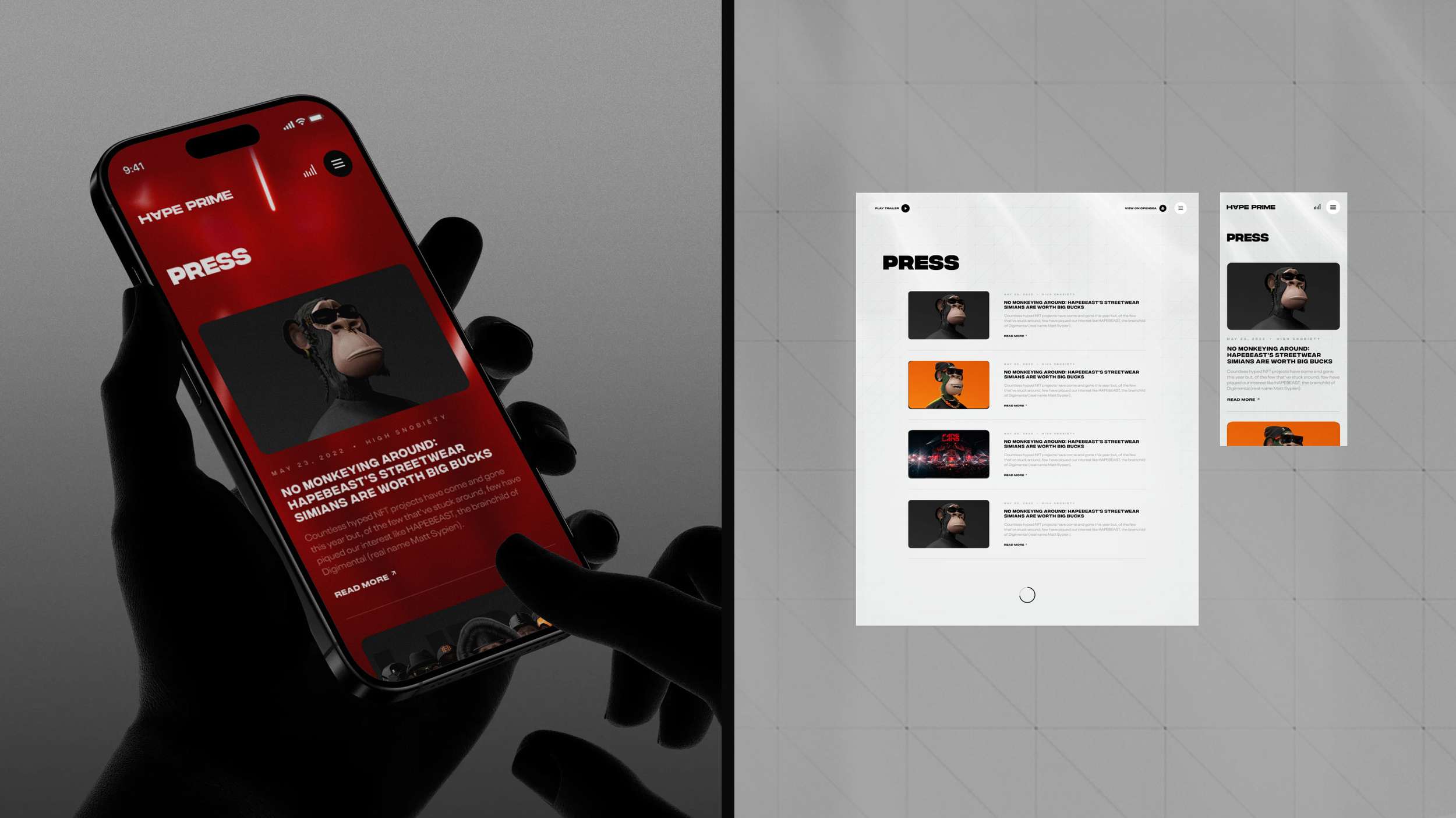 A hand holds a smartphone displaying a red press article about streetwear, next to a website layout featuring similar news articles and images.