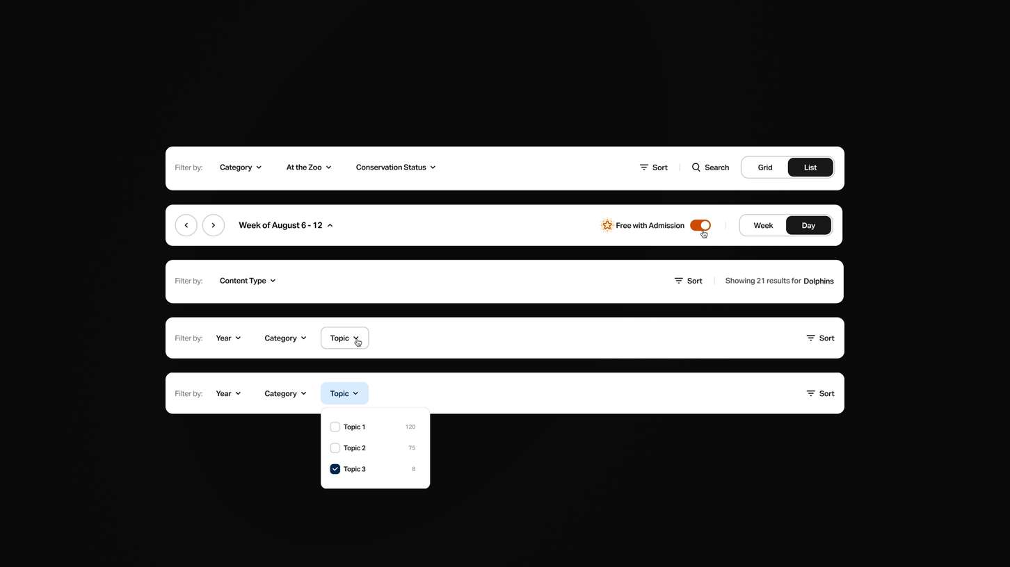 A UI asset collection sheet illustrating the progressive interactive states of web navigation headers, sorting tools, and dropdown filter components.