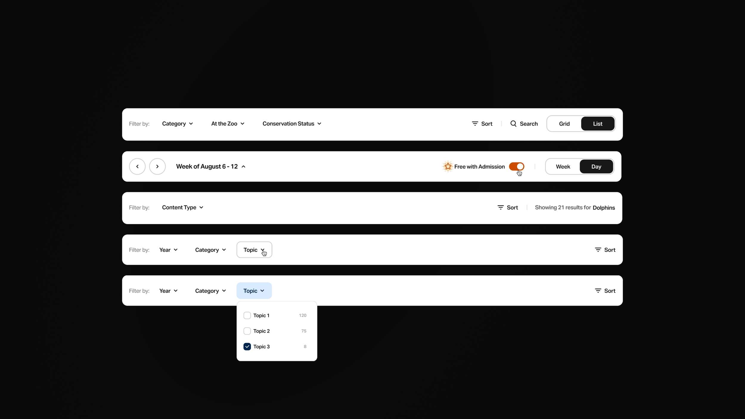 A UI asset collection sheet illustrating the progressive interactive states of web navigation headers, sorting tools, and dropdown filter components.