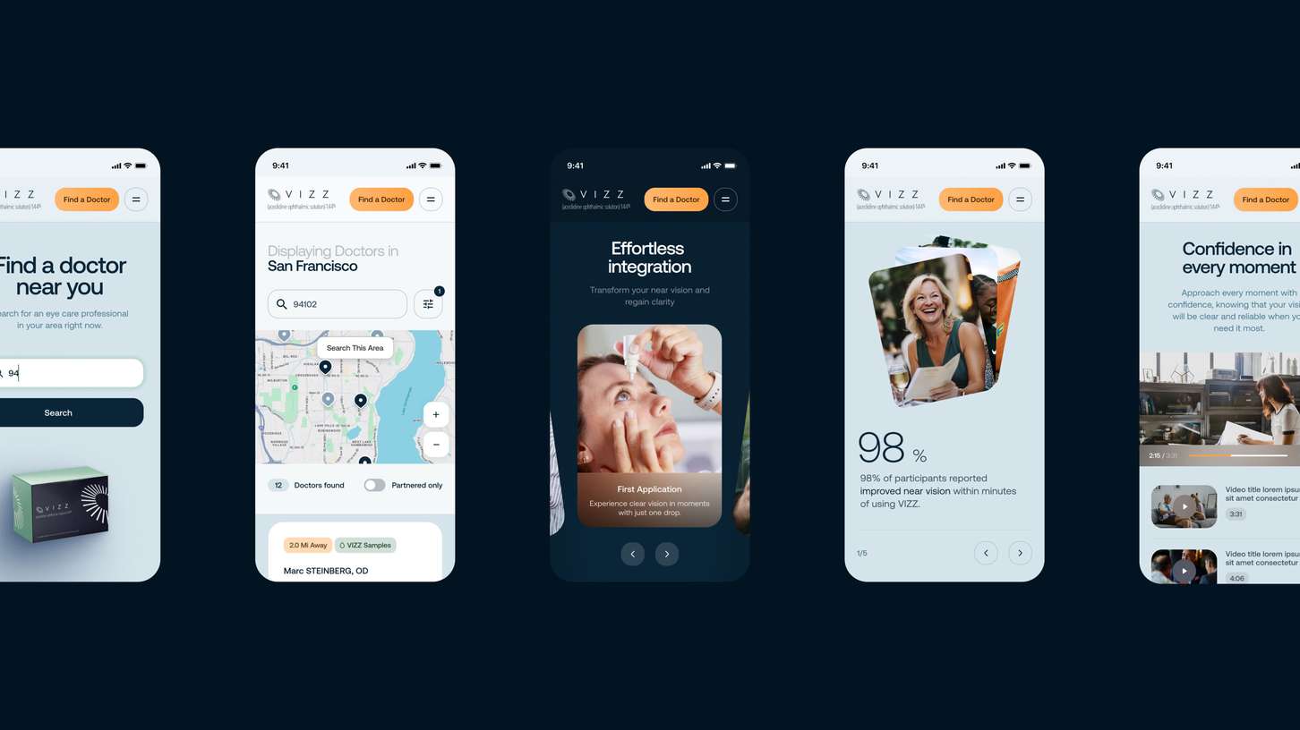 A UI/UX design presentation display featuring a row of five distinct smartphone screen mockups for the VIZZ mobile website layout, showcasing various dark mode and light mode interface screens