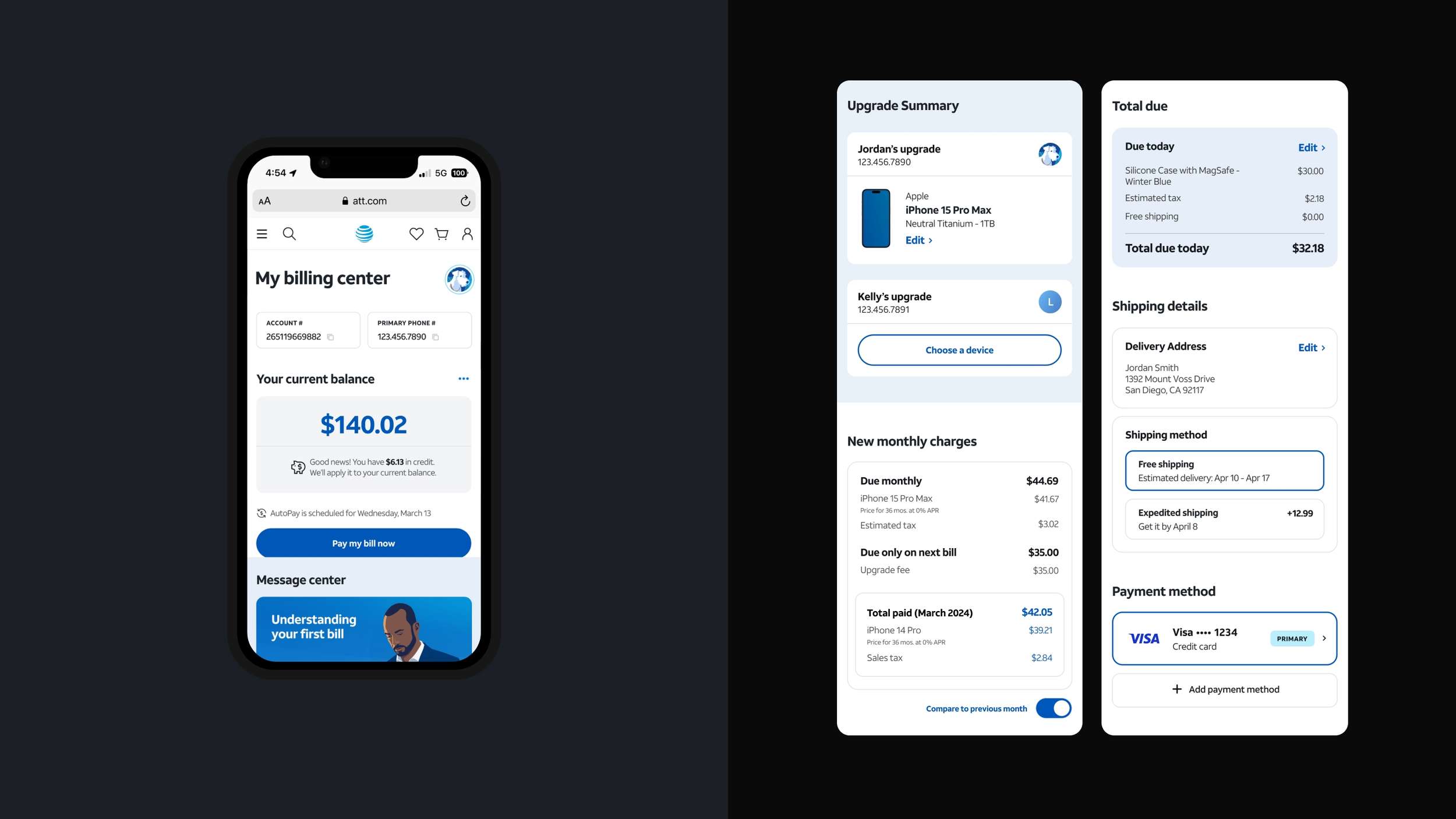 A modular web app screen sequence breaking down a billing dashboard and a multi-step checkout summary page layout.