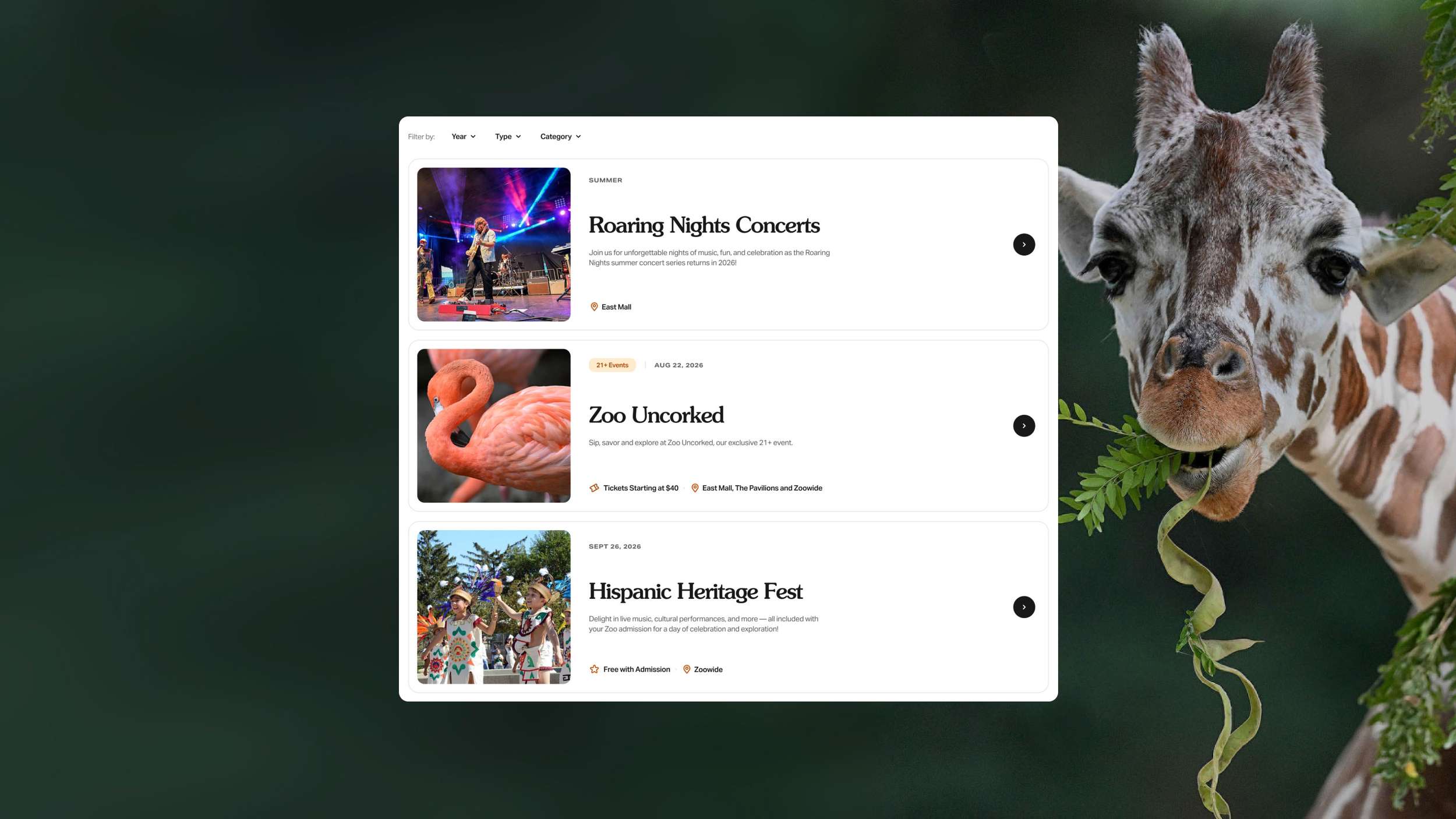 Desktop website interface design for a zoo events schedule list, shown adjacent to a high-quality wildlife portrait for visual balance.