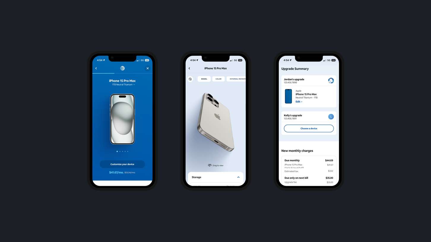 Three sequential mobile application screens mapping out an e-commerce device configuration wizard and pricing checklist grid.