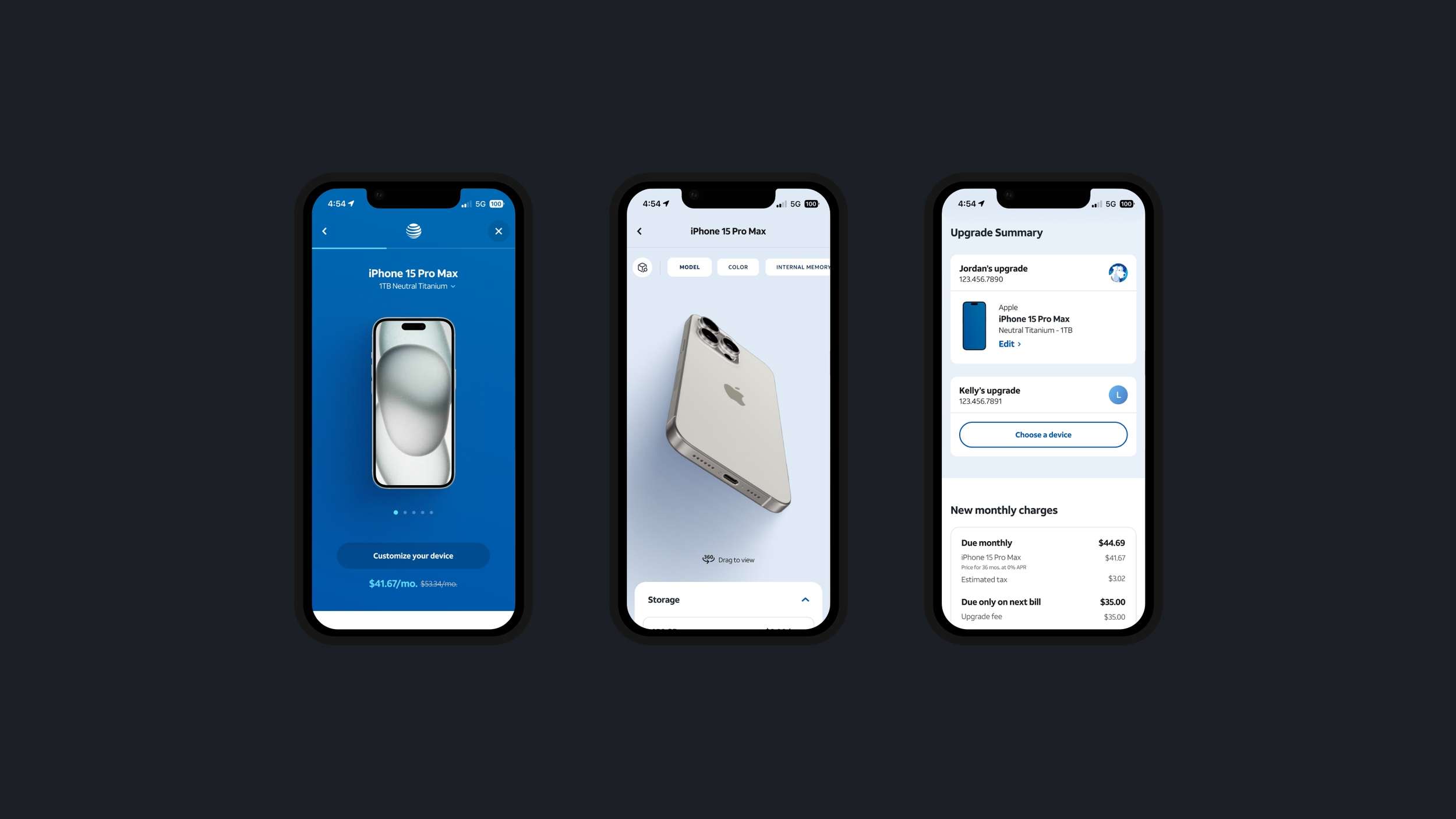 Three sequential mobile application screens mapping out an e-commerce device configuration wizard and pricing checklist grid.