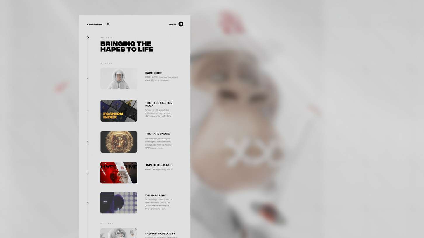 A digital roadmap featuring phases such as Hape Prime, Fashion Index, and Badge, with blurred background of a cartoonish ape figure.