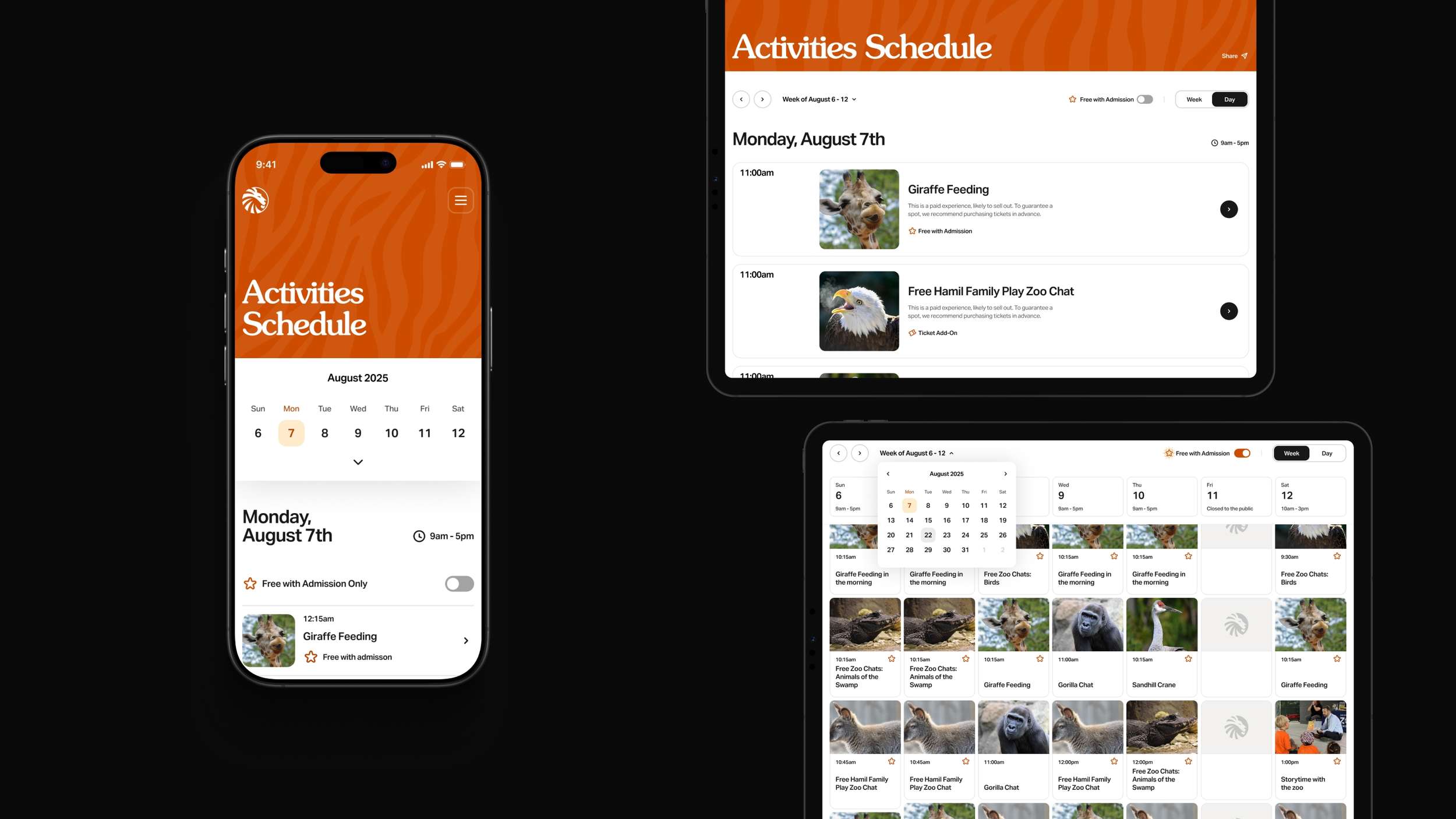 Responsive UI layout showcase including mobile and tablet dashboard mockups focused on calendar dates and daily schedule event tracking components.