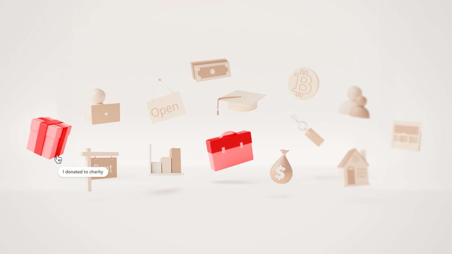 A clean horizontal digital illustration showing floating thematic icon models representing personal tax deductions and life situations.
