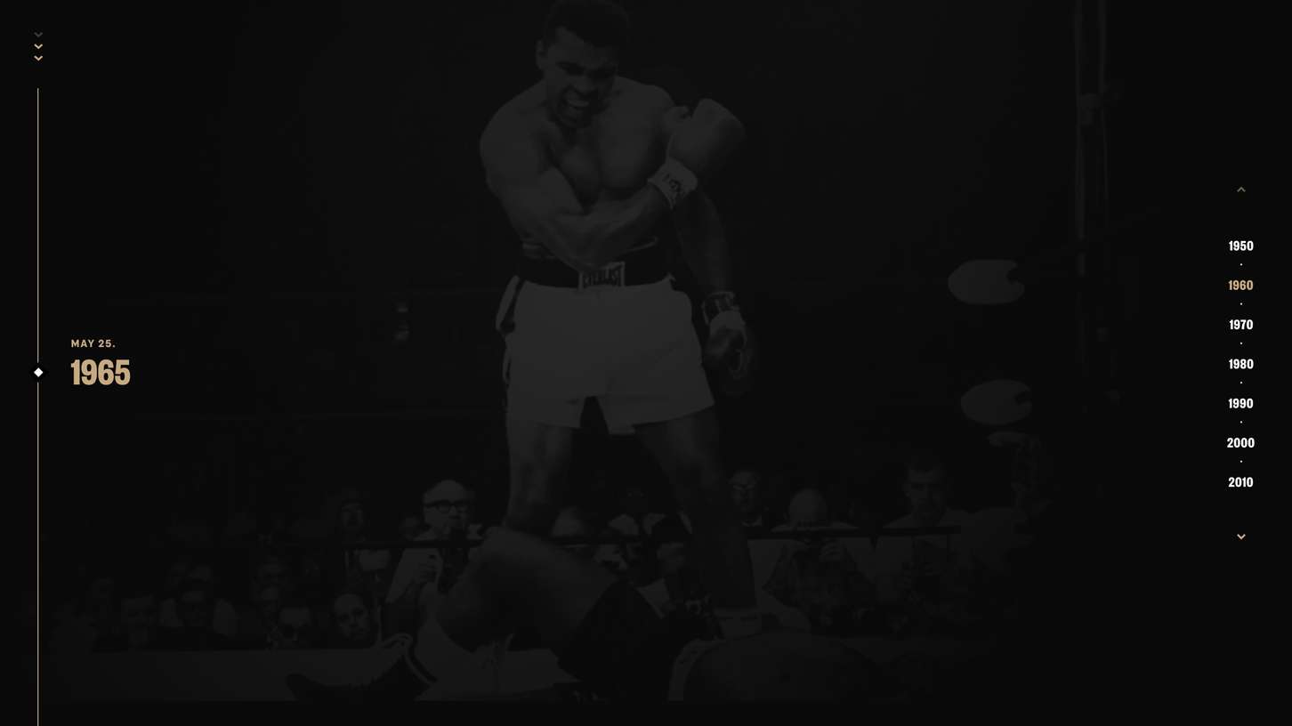 Minimalist historical timeline layout design using low-key boxing photography as a full-bleed backdrop behind subtle typographic navigation menus.