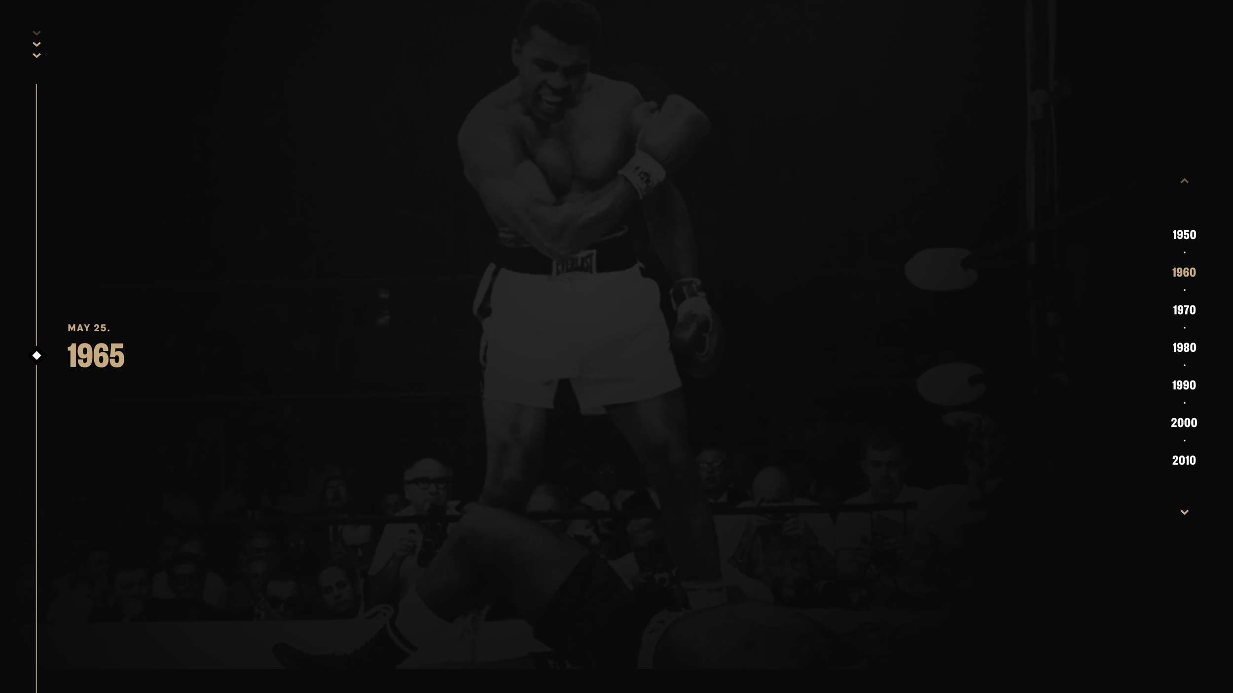 Minimalist historical timeline layout design using low-key boxing photography as a full-bleed backdrop behind subtle typographic navigation menus.