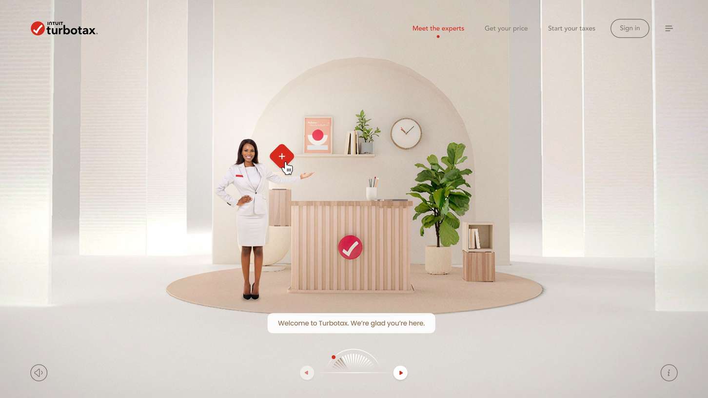 Full-width web interface layout featuring an interactive virtual office setup with an on-screen human guide and custom navigation links.