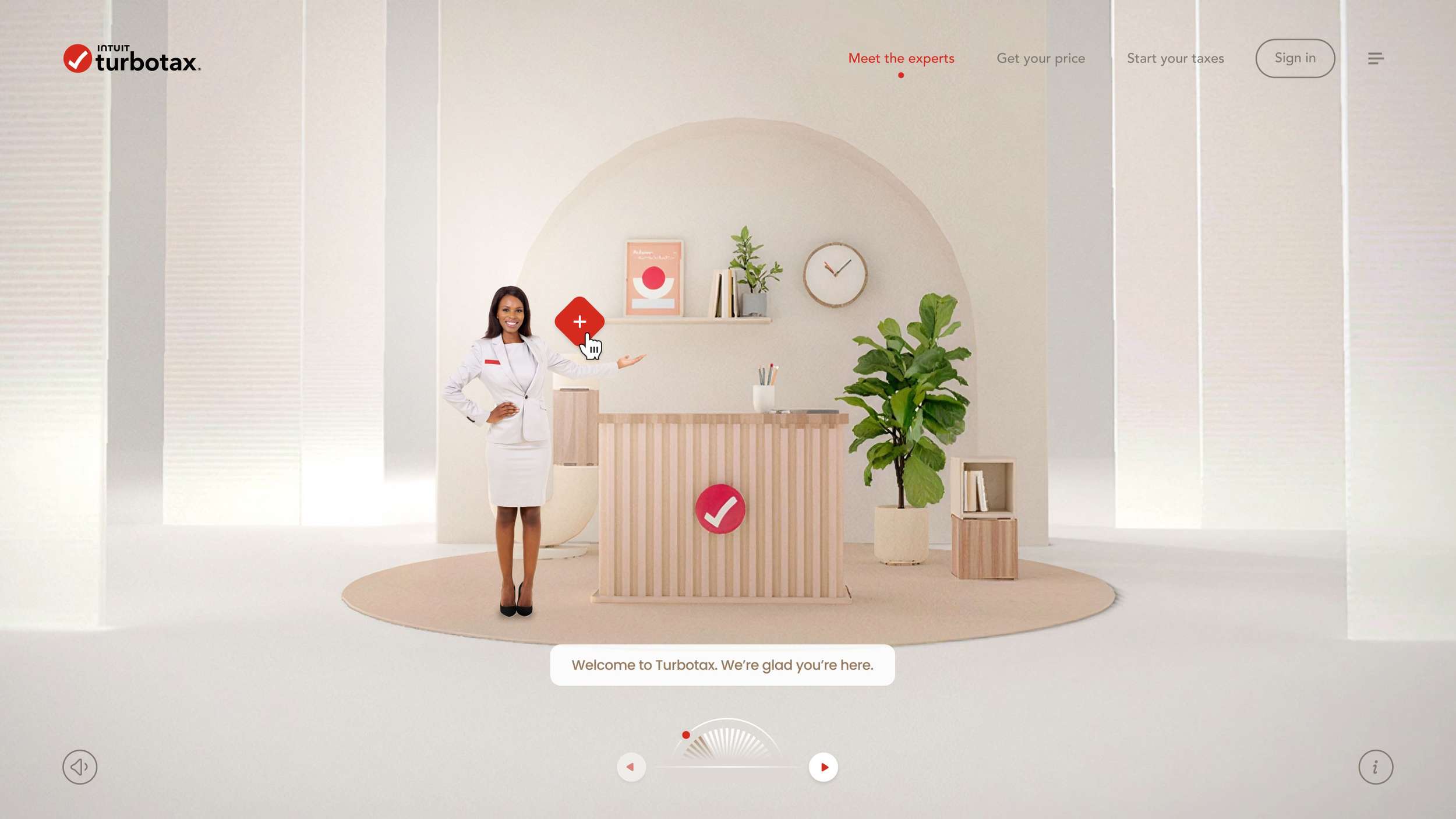 Full-width web interface layout featuring an interactive virtual office setup with an on-screen human guide and custom navigation links.
