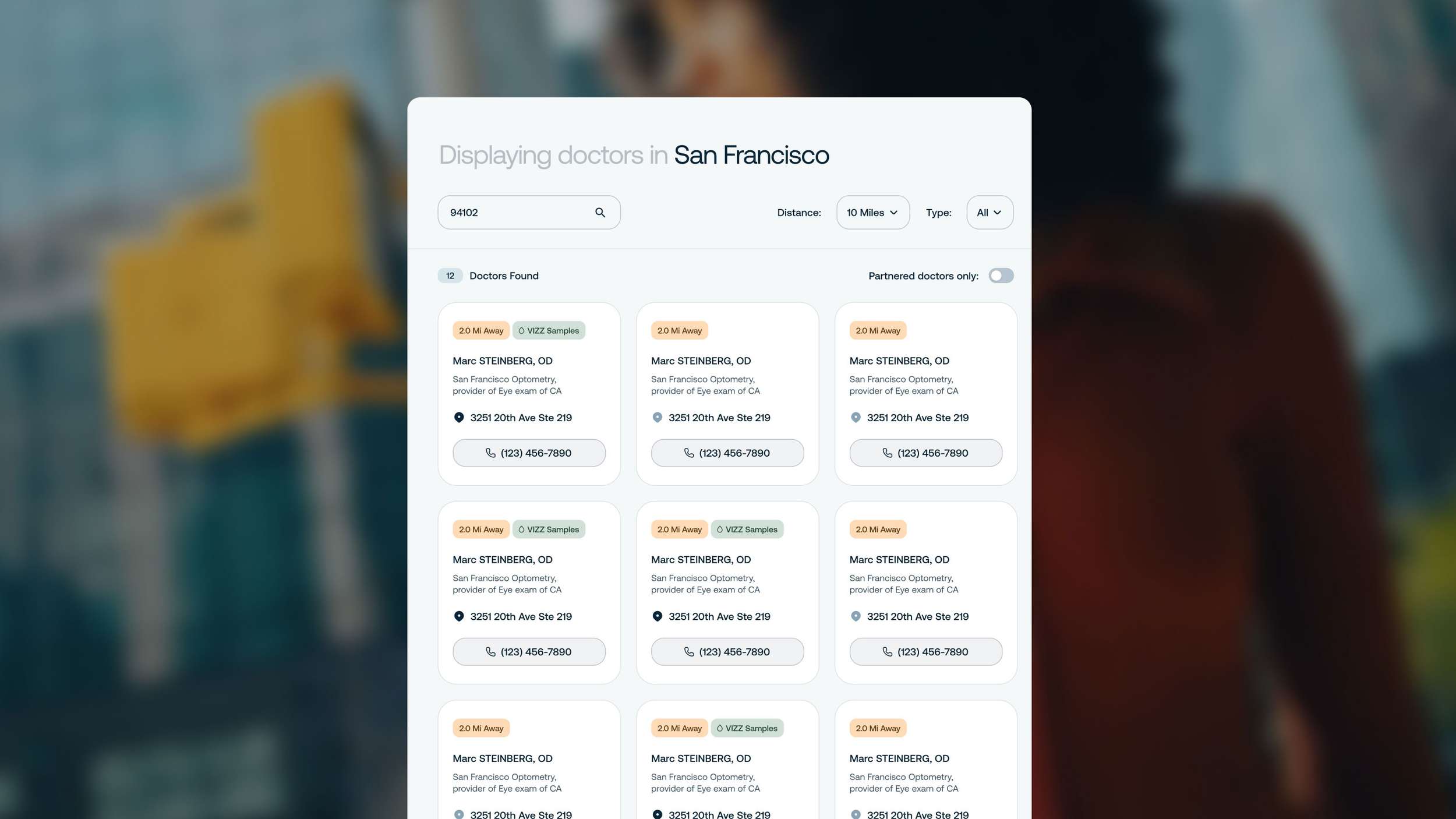 A clean UI design interface for a physician locator tool, showing a grid of provider profiles, filtered search inputs for location and distance, and a heading that reads "Displaying doctors in San Francisco"