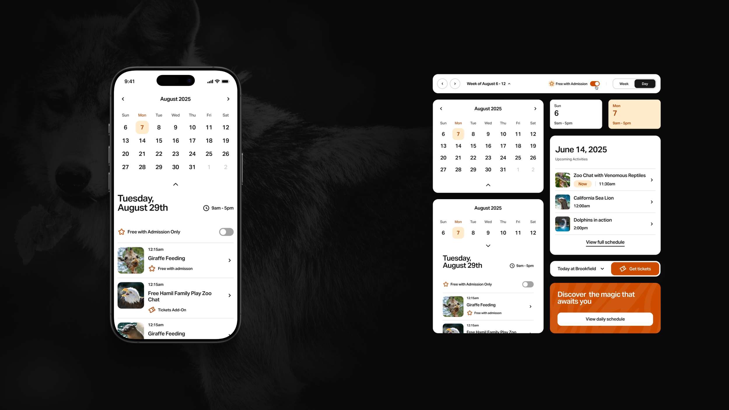 Mobile design pattern presentation displaying an active calendar selection app interface next to isolated UI component cards and design system modules.