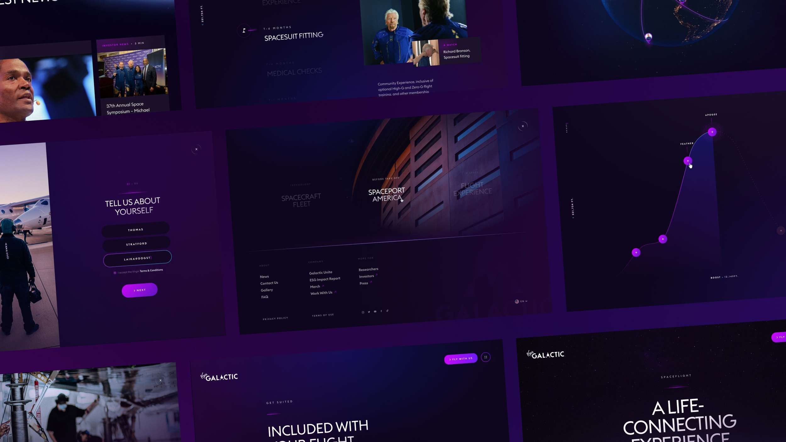 Collage of space-themed content with images and charts on a purple background, featuring aspects like spacesuit fitting and Spaceport America.