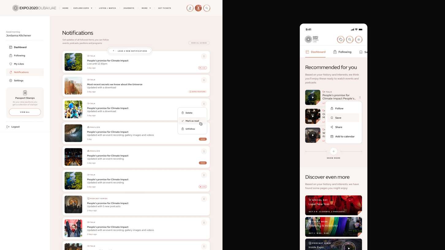 A responsive user interface design comparison highlighting a split-screen desktop notification activity log and a smartphone content feed layout with modal context menus.