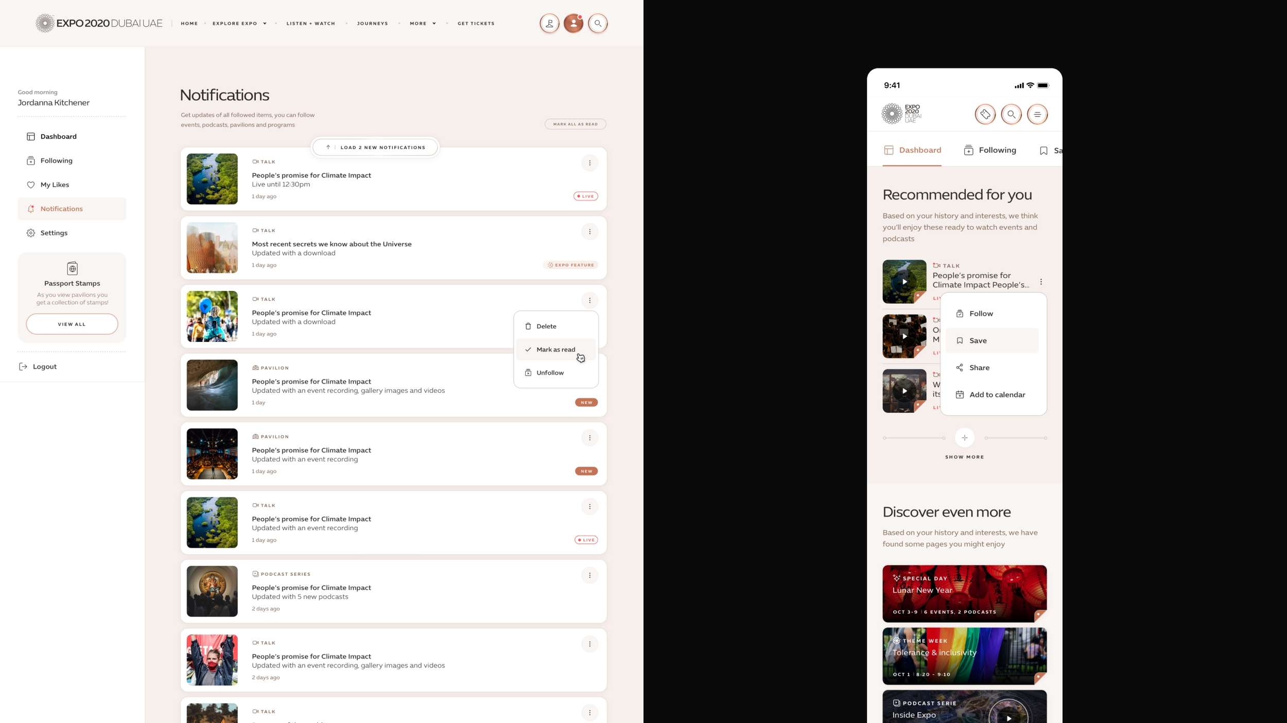 A responsive user interface design comparison highlighting a split-screen desktop notification activity log and a smartphone content feed layout with modal context menus.