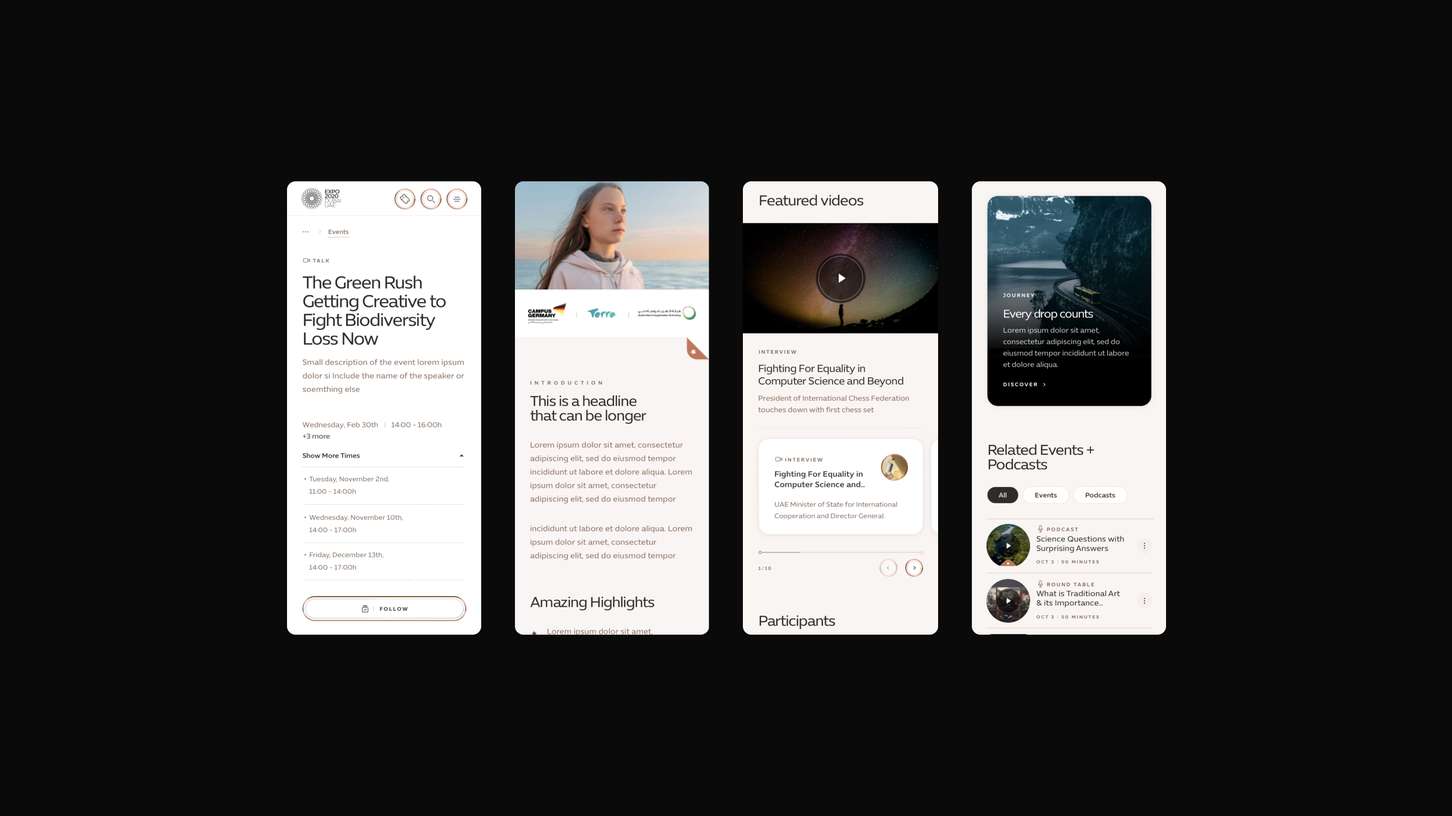 A mobile smartphone dashboard flow detailing complex date selectors, video module blocks, and tab-filtered recommendation carousels.