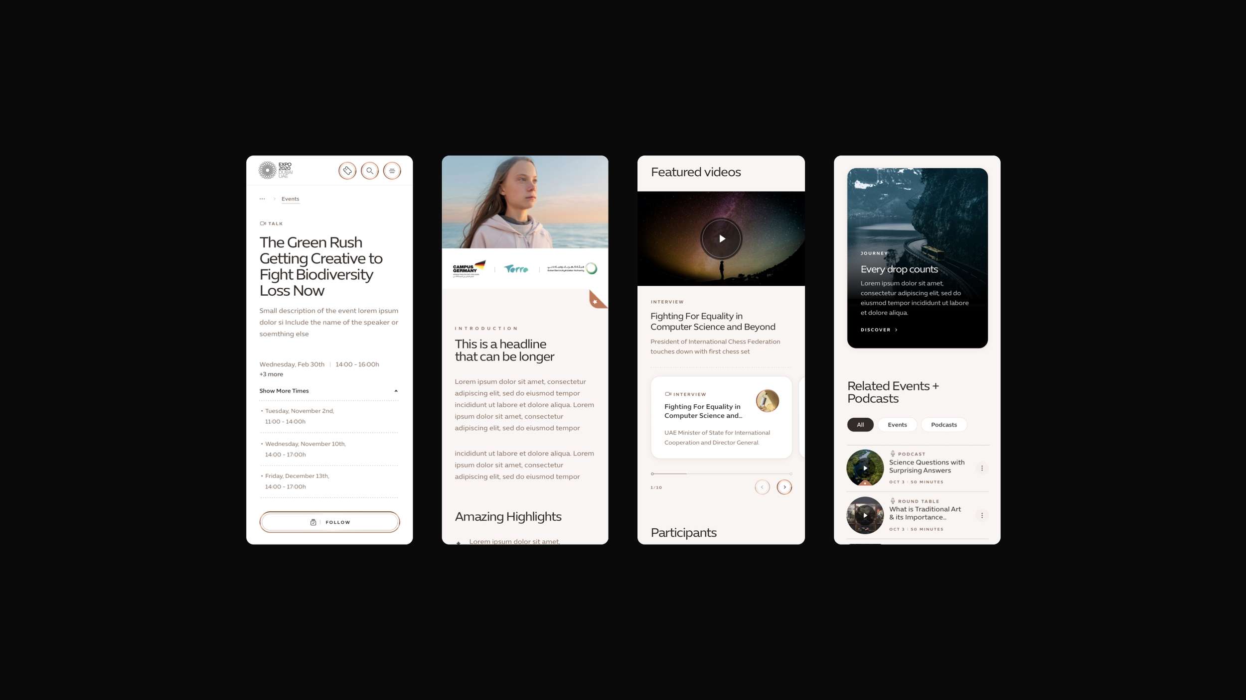 A mobile smartphone dashboard flow detailing complex date selectors, video module blocks, and tab-filtered recommendation carousels.