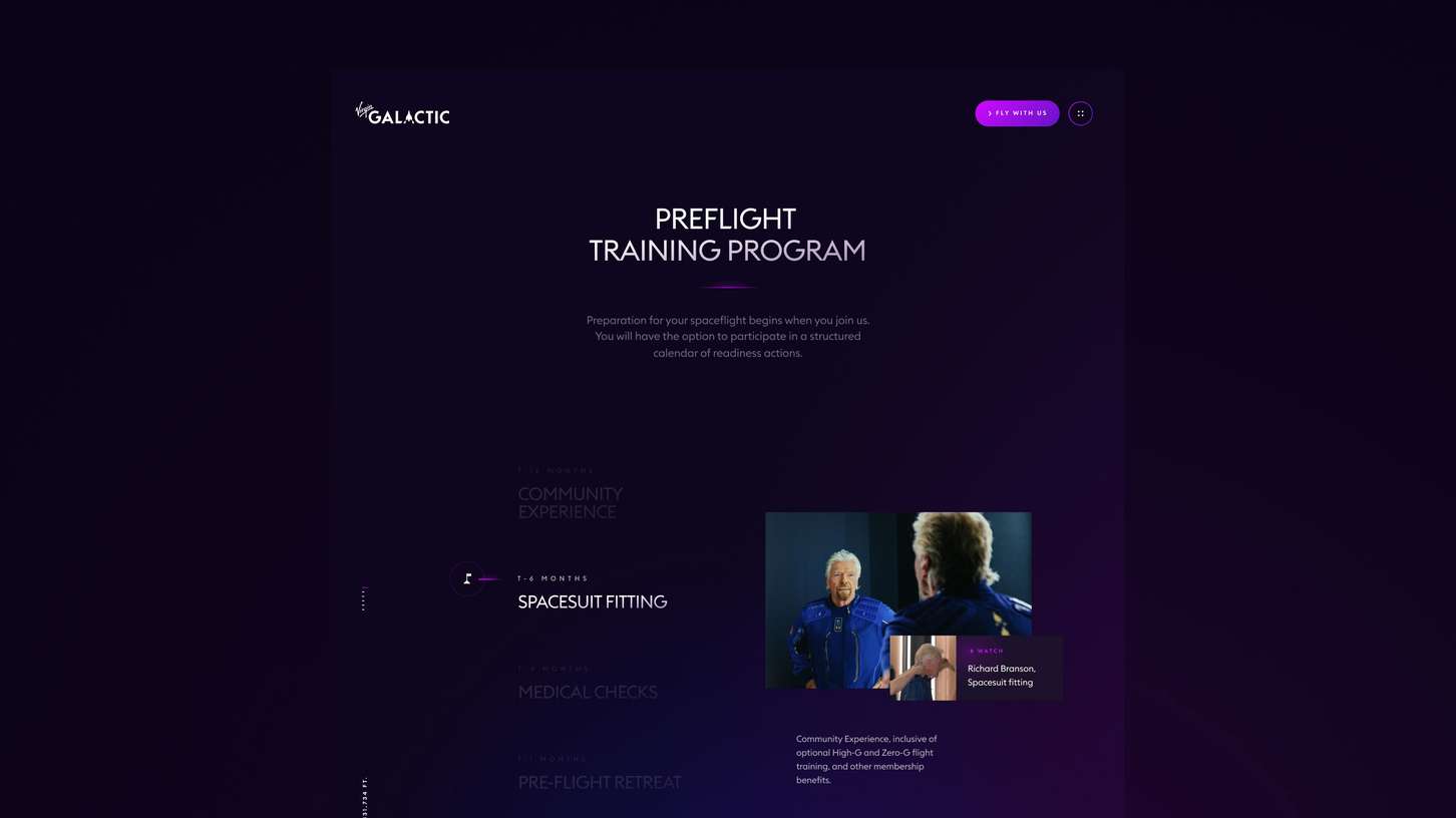 Website page for a preflight training program featuring space suit fitting and community experience, with visuals of a person in a spacesuit.