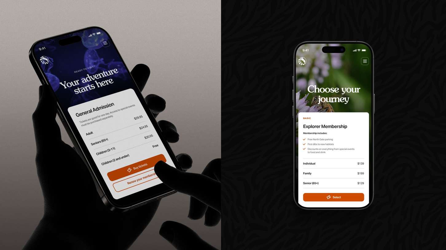 Dual mobile app mockups showcasing the ticket checkout flow and membership selection screens using crisp typography and an elegant dark theme asset presentation.