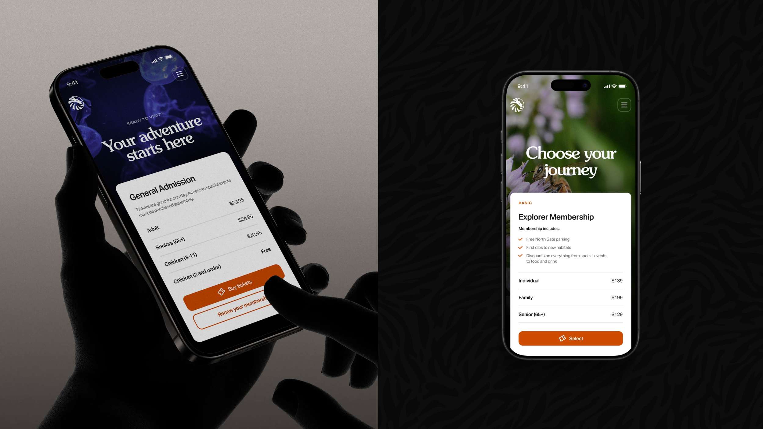 Dual mobile app mockups showcasing the ticket checkout flow and membership selection screens using crisp typography and an elegant dark theme asset presentation.