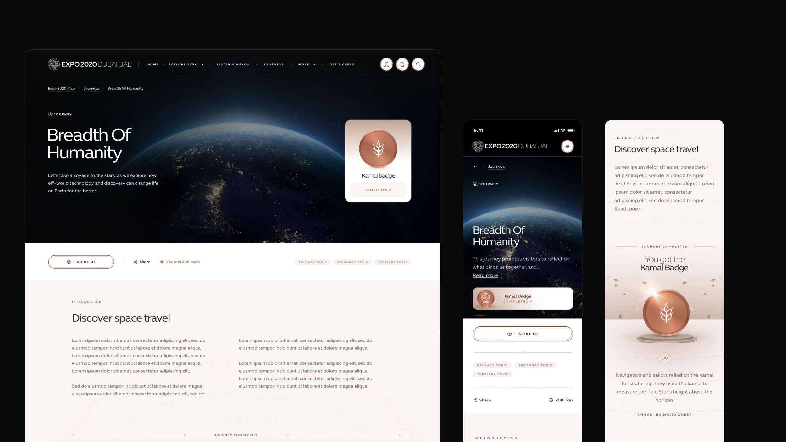 A responsive UI design layout demonstrating how a media-rich digital quest page scales across desktop browser, mobile dashboard, and mobile reward viewports.