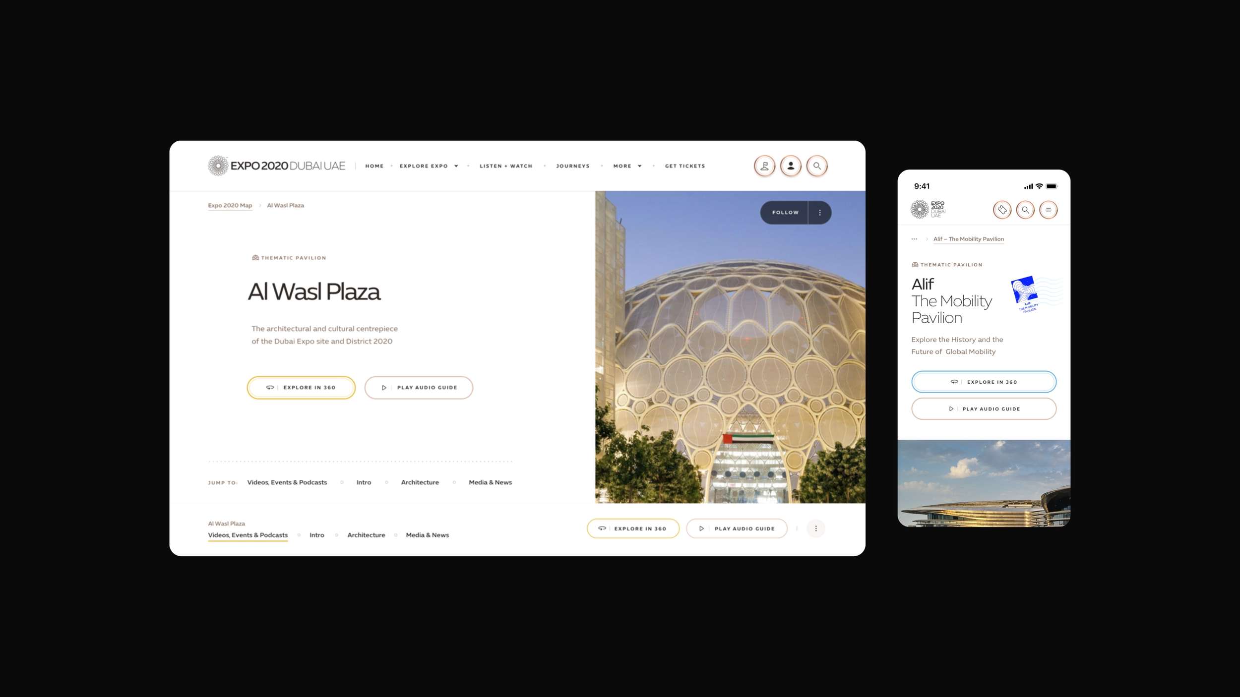 A multi-device UI display comparing desktop and mobile website presentations for a cultural event directory, highlighting circular icon accents and clear user flows.