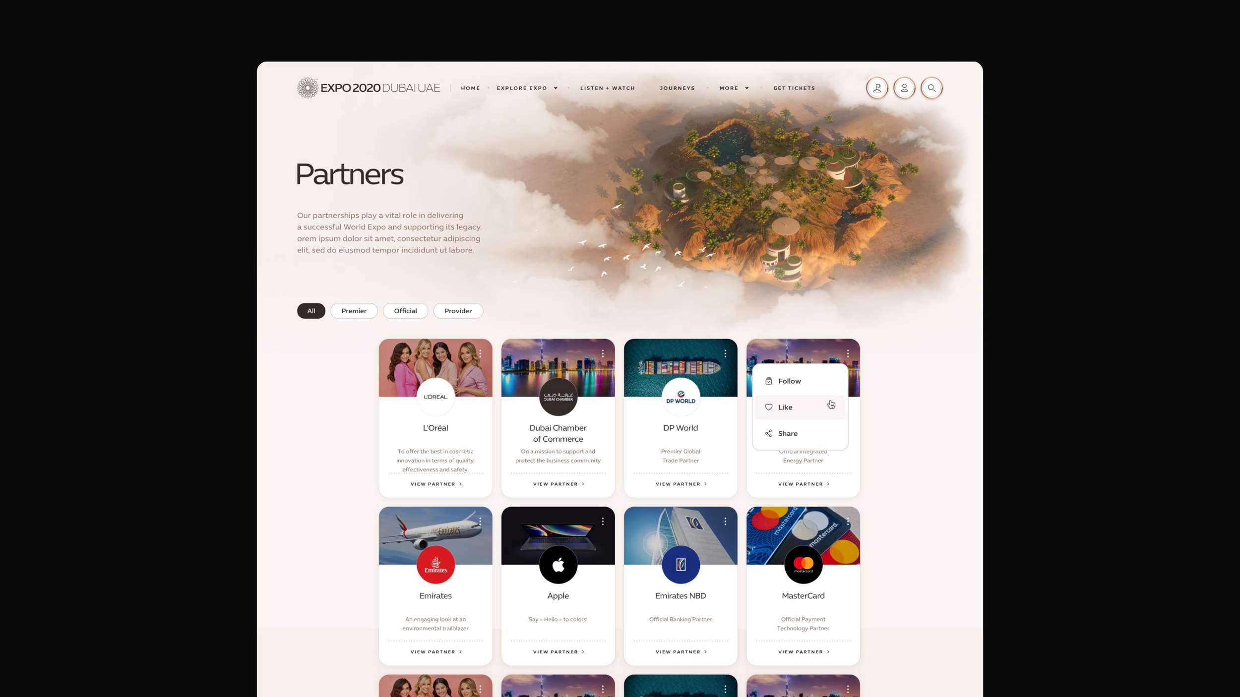 A desktop partner directory grid layout showcasing brand logos, short bios, and floating interaction menu buttons over a clean grid system.