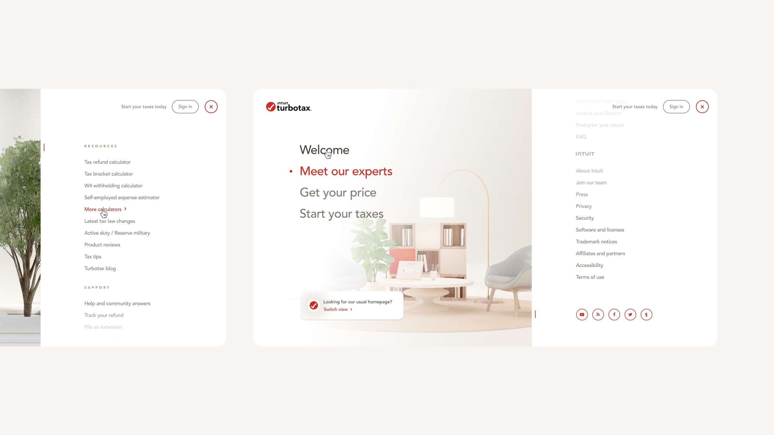 A comprehensive website site map and mega-menu navigation panel layout, highlighting categorical text hierarchies and social link icons.
